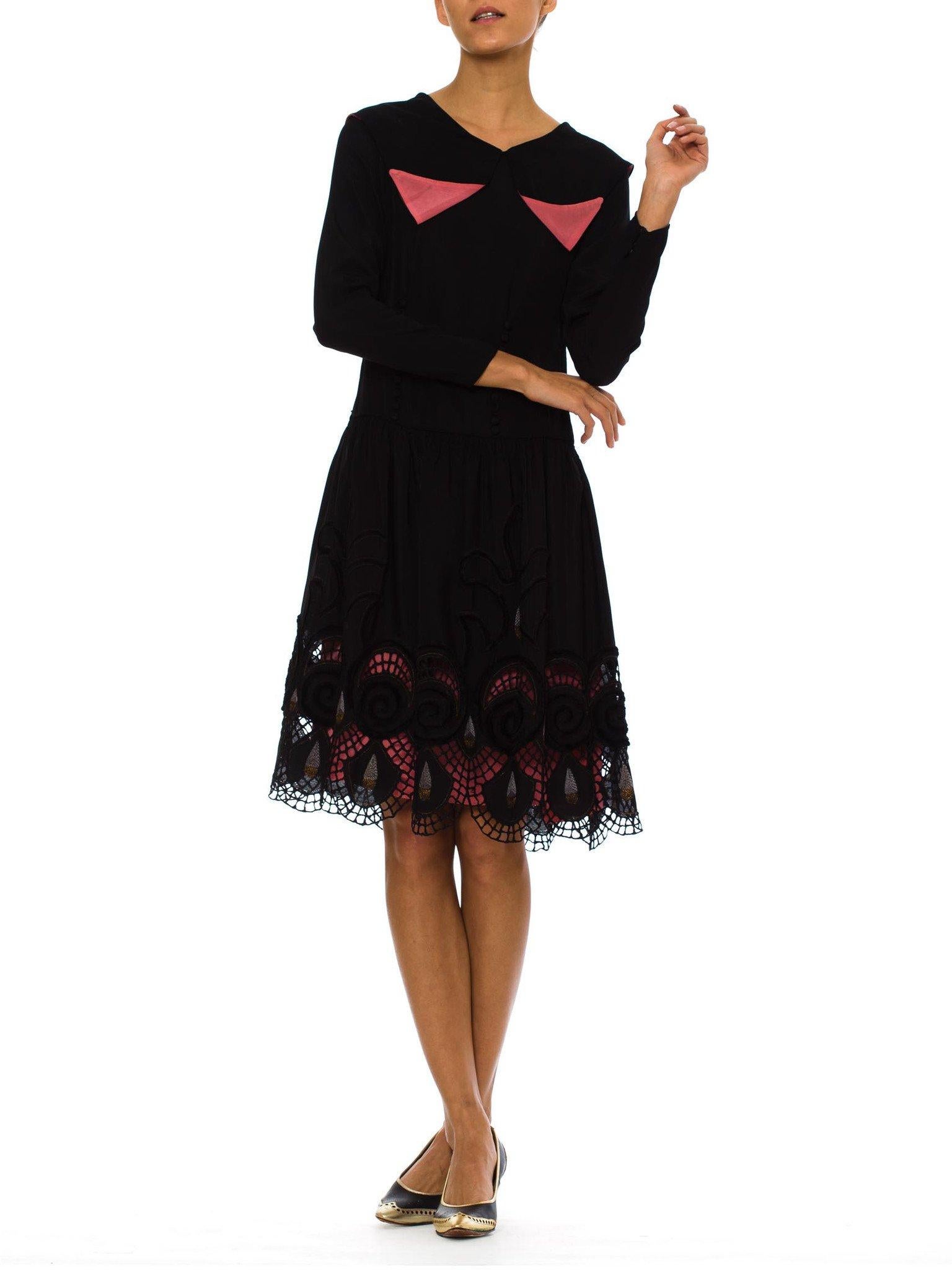 1920S Black Silk Faille Long Sleeve Dress With Velvet Deco Swirl Appliqués & Pi For Sale 2