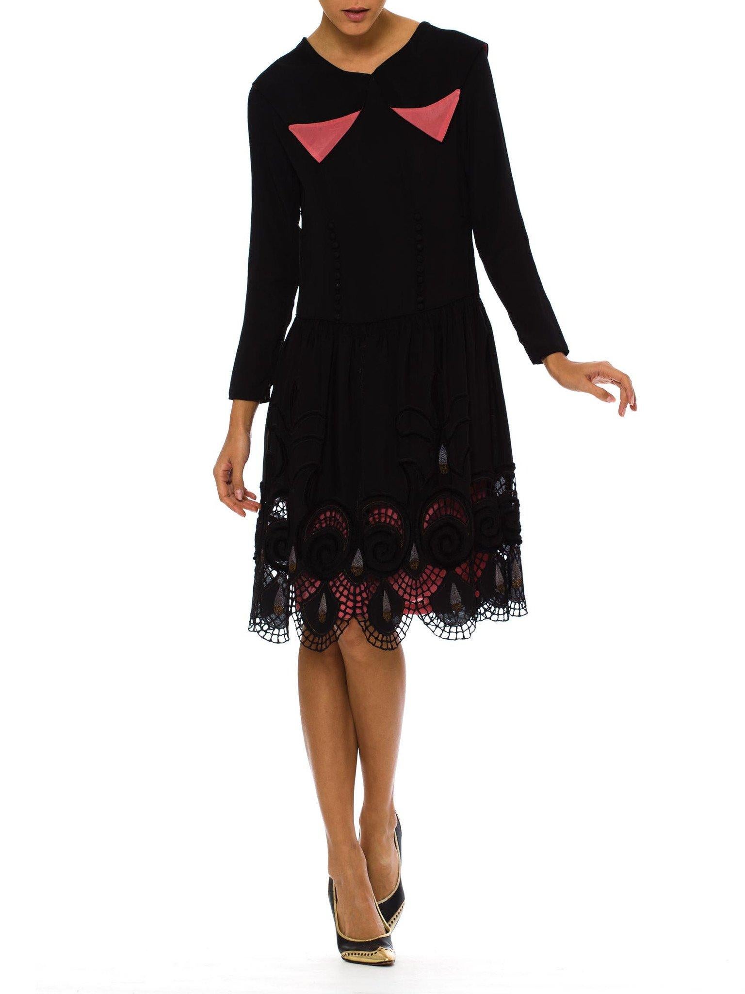 1920S Black Silk Faille Long Sleeve Dress With Velvet Deco Swirl Appliqués & Pi For Sale 3
