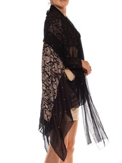 1920S Black Silk & Lamé Chiffon Evening Wrap Kimono With Crystals