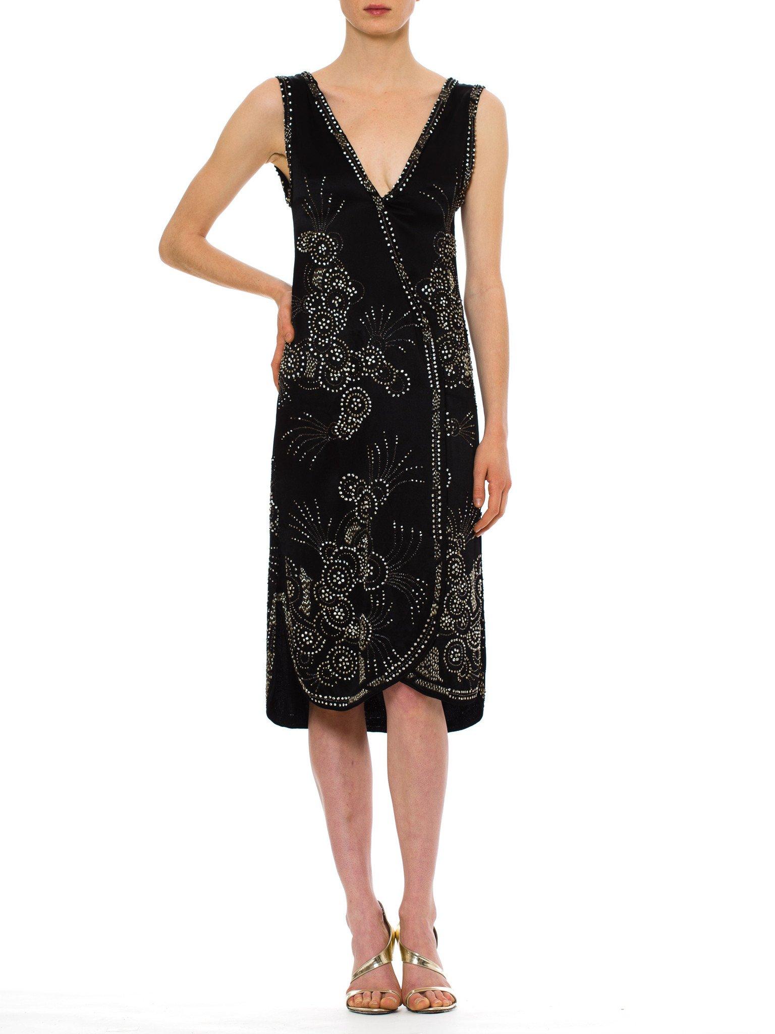 1920S Black Silk Satin Art Deco Crystal Beaded Cocktail Dress Can Be Worn Open As Well