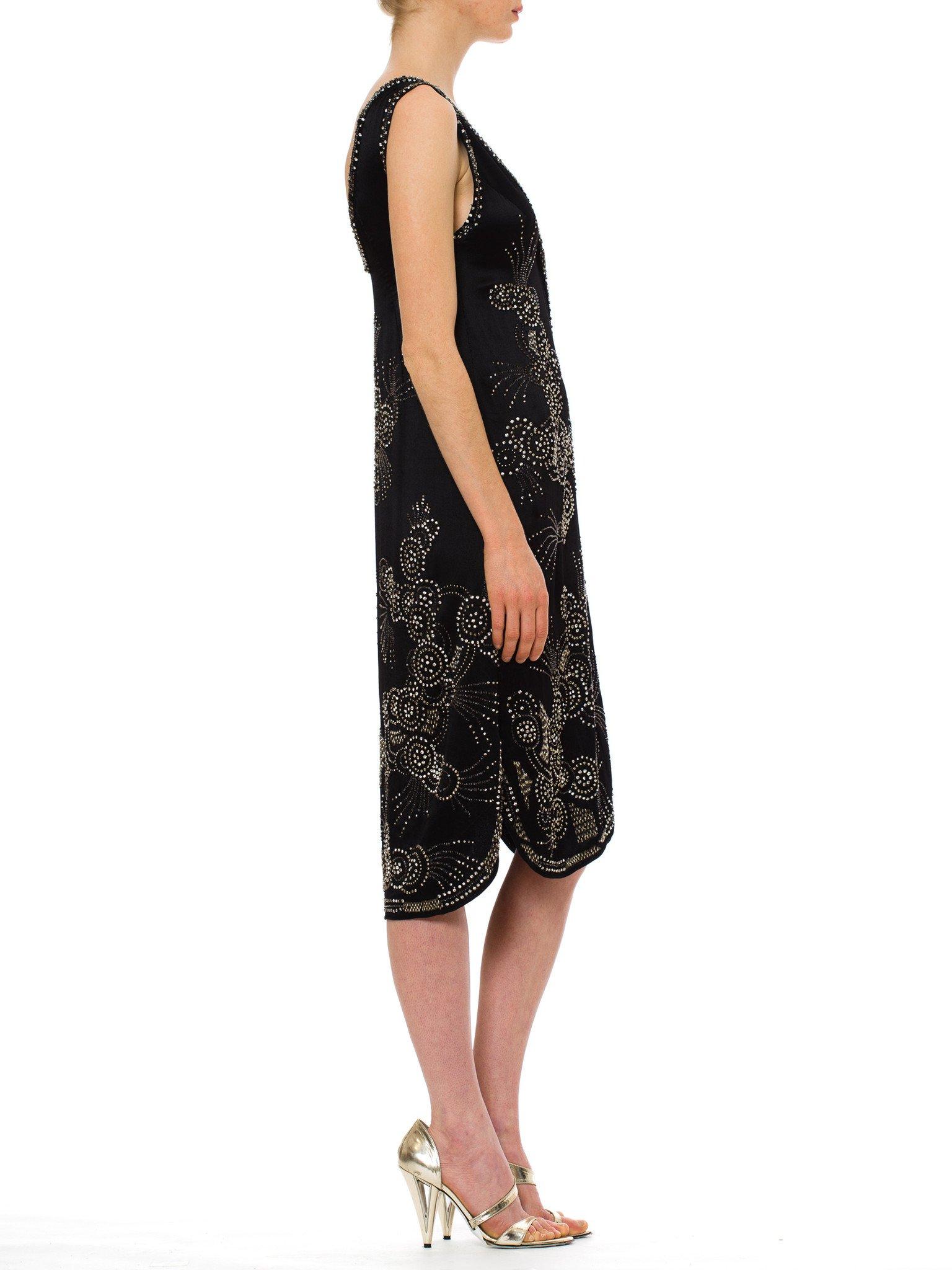 Women's 1920S Black Silk Satin Art Deco Crystal Beaded Cocktail Dress Can Be Worn Open  For Sale