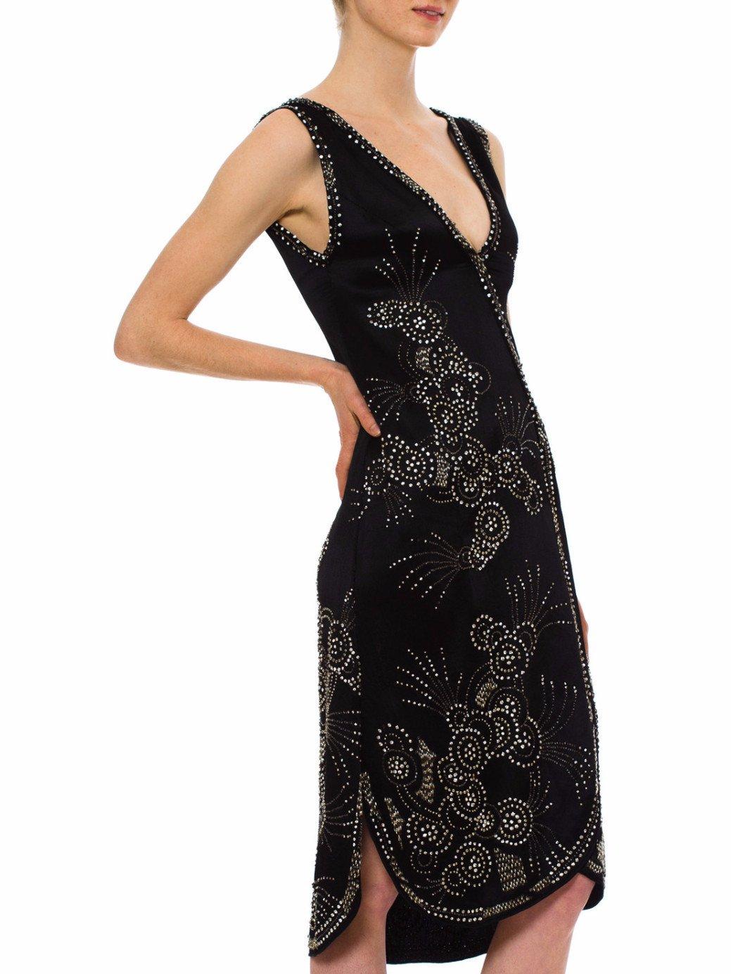 1920S Black Silk Satin Art Deco Crystal Beaded Cocktail Dress Can Be Worn Open  For Sale 2