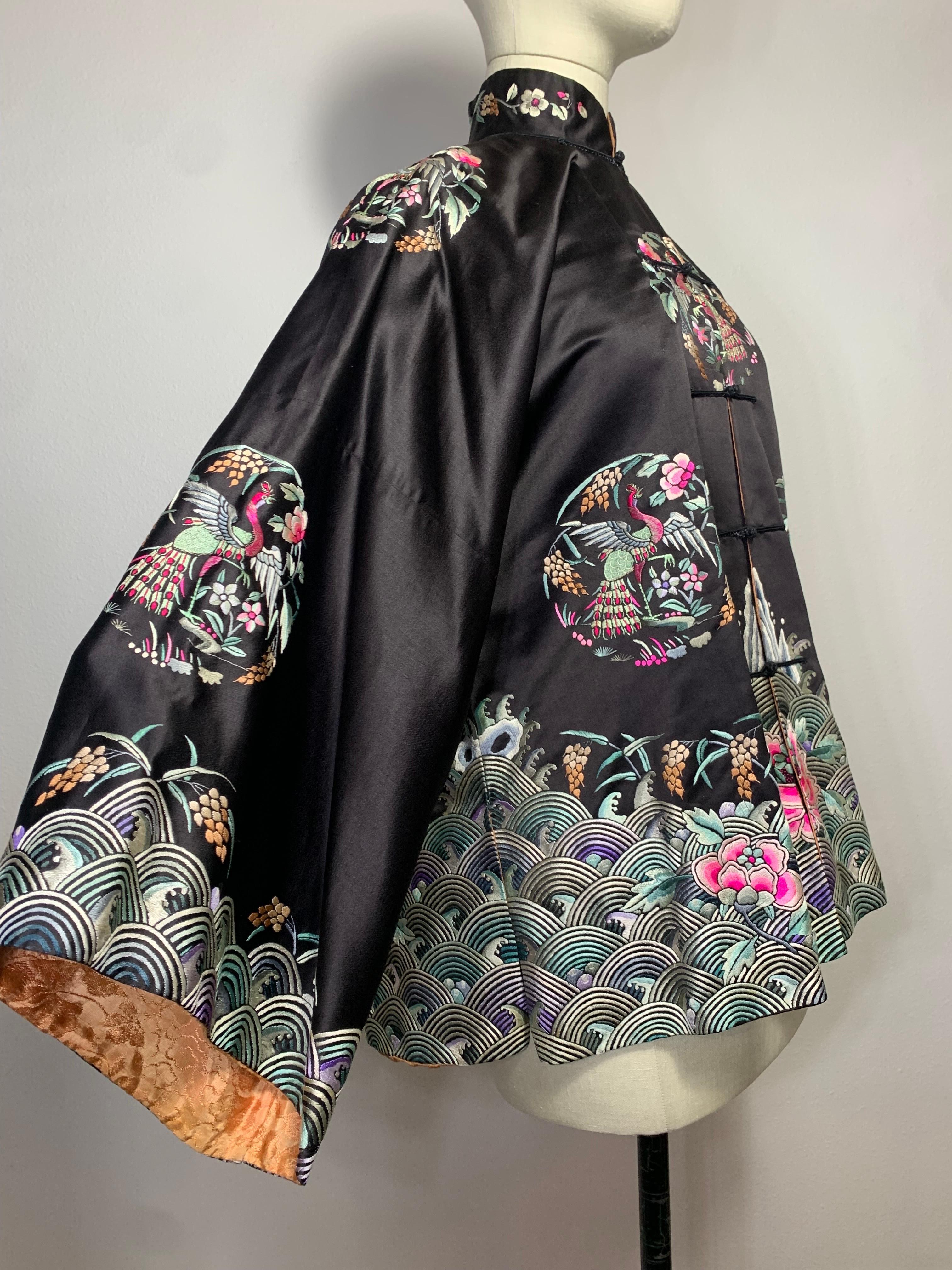 1920s Black Silk Satin Chinese Traditional Jacket w Colorful Hand Embroidery  For Sale 6