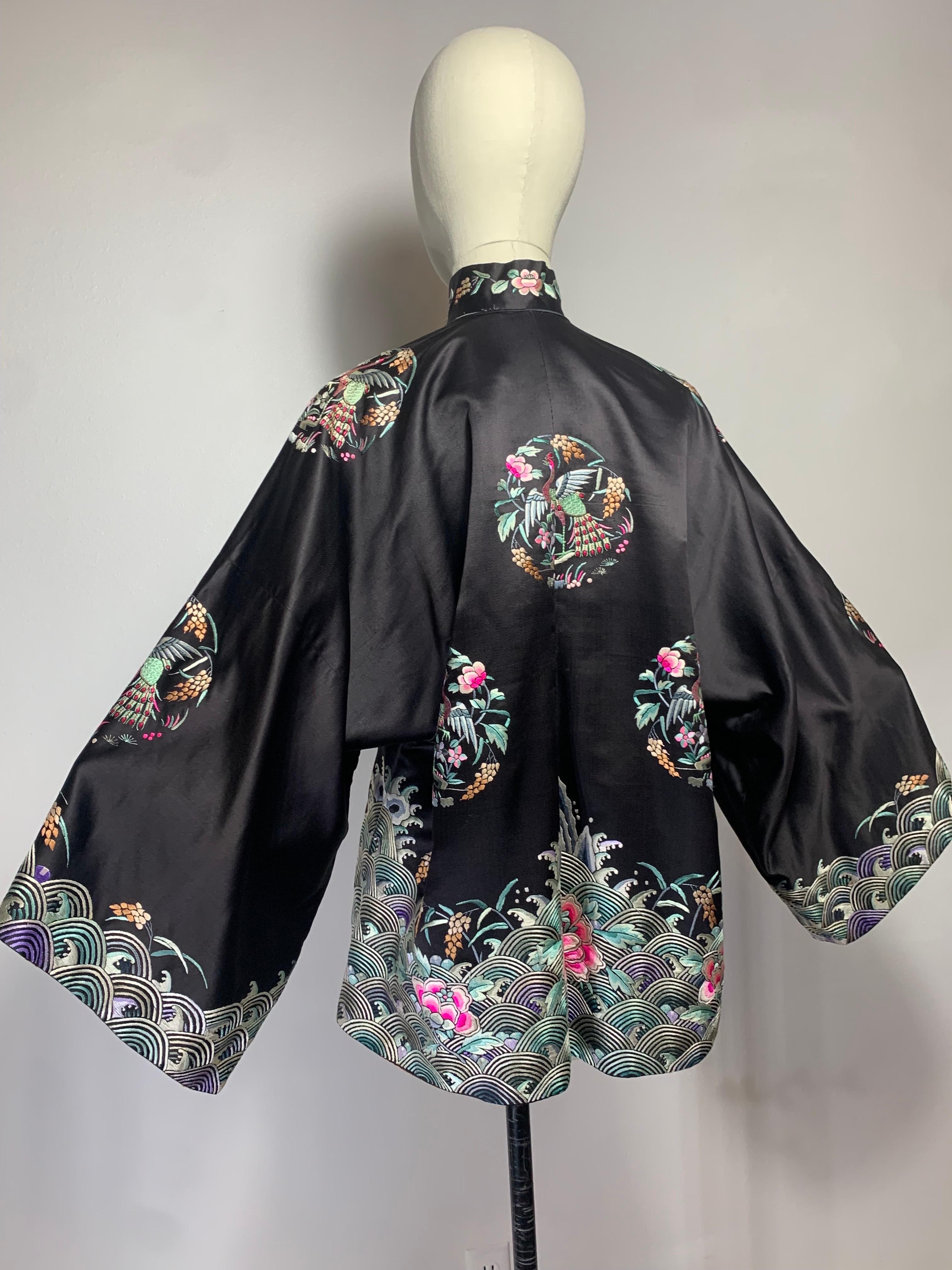 1920s Black Silk Satin Chinese Traditional Jacket w Colorful Hand Embroidery  For Sale 7