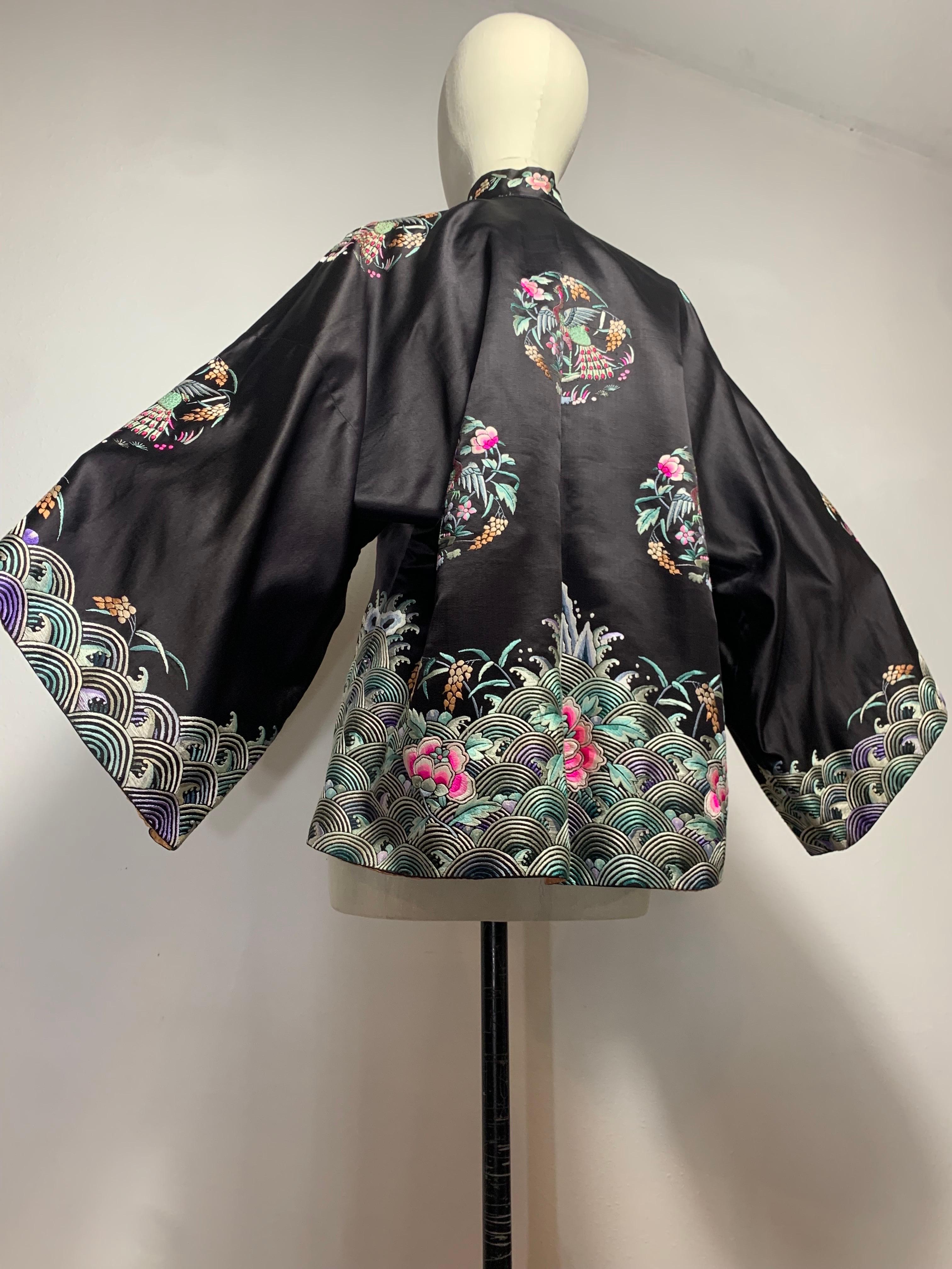 1920s Black Silk Satin Chinese Traditional Jacket w Colorful Hand Embroidery  For Sale 9
