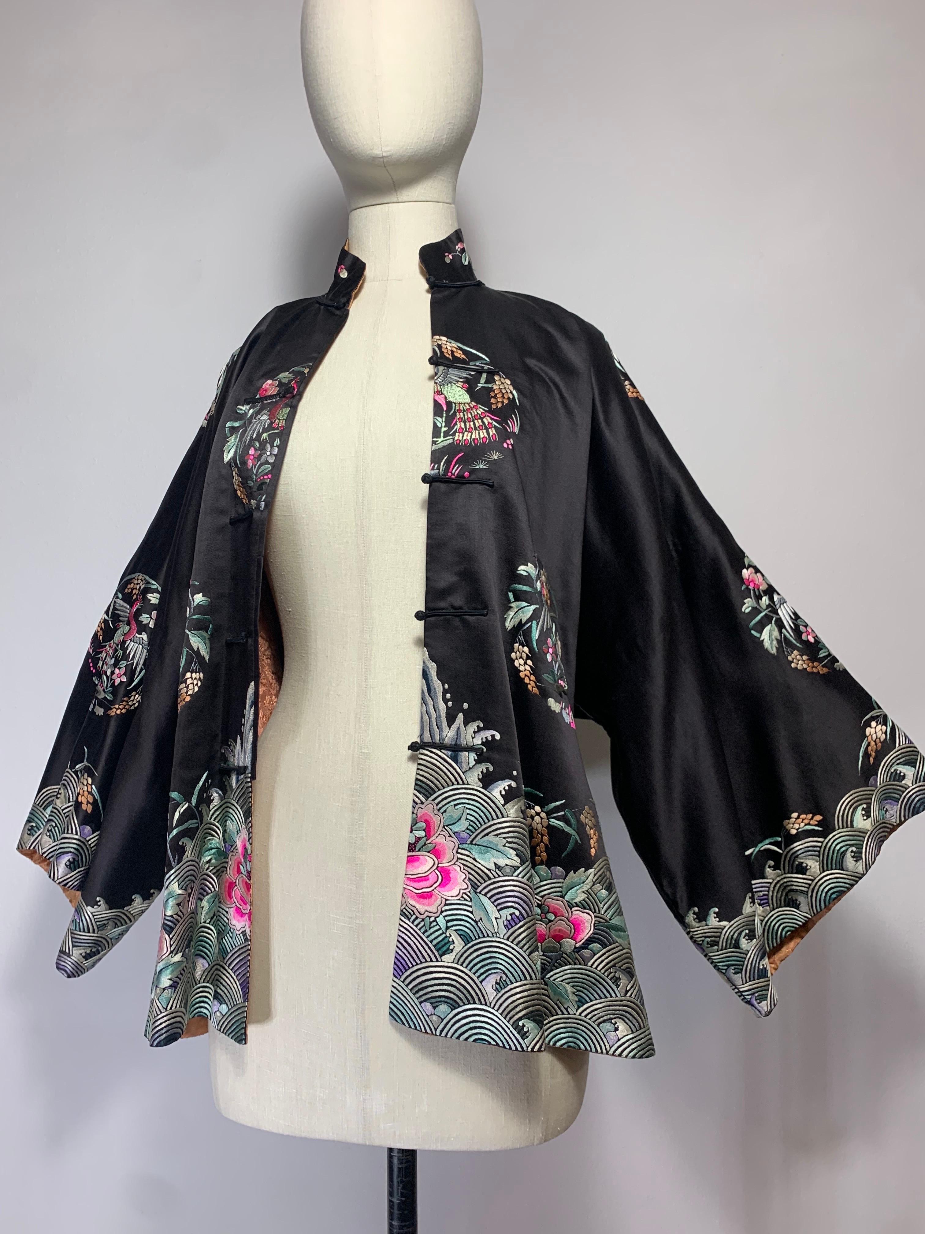 1920s Black Silk Satin Chinese Traditional Jacket w Colorful Hand Embroidery  For Sale 10