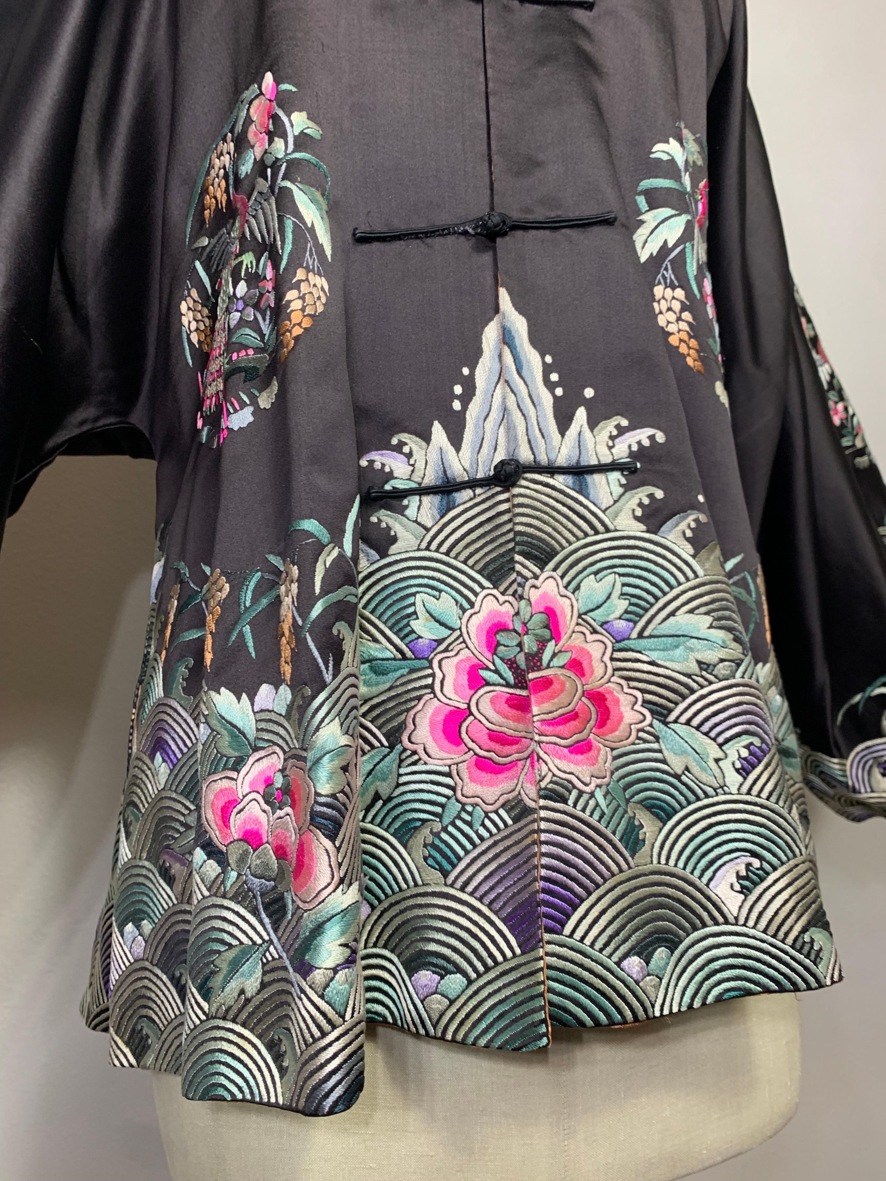 1920s Black Silk Satin Chinese Traditional Jacket w Colorful Hand Embroidery  In Excellent Condition For Sale In Gresham, OR