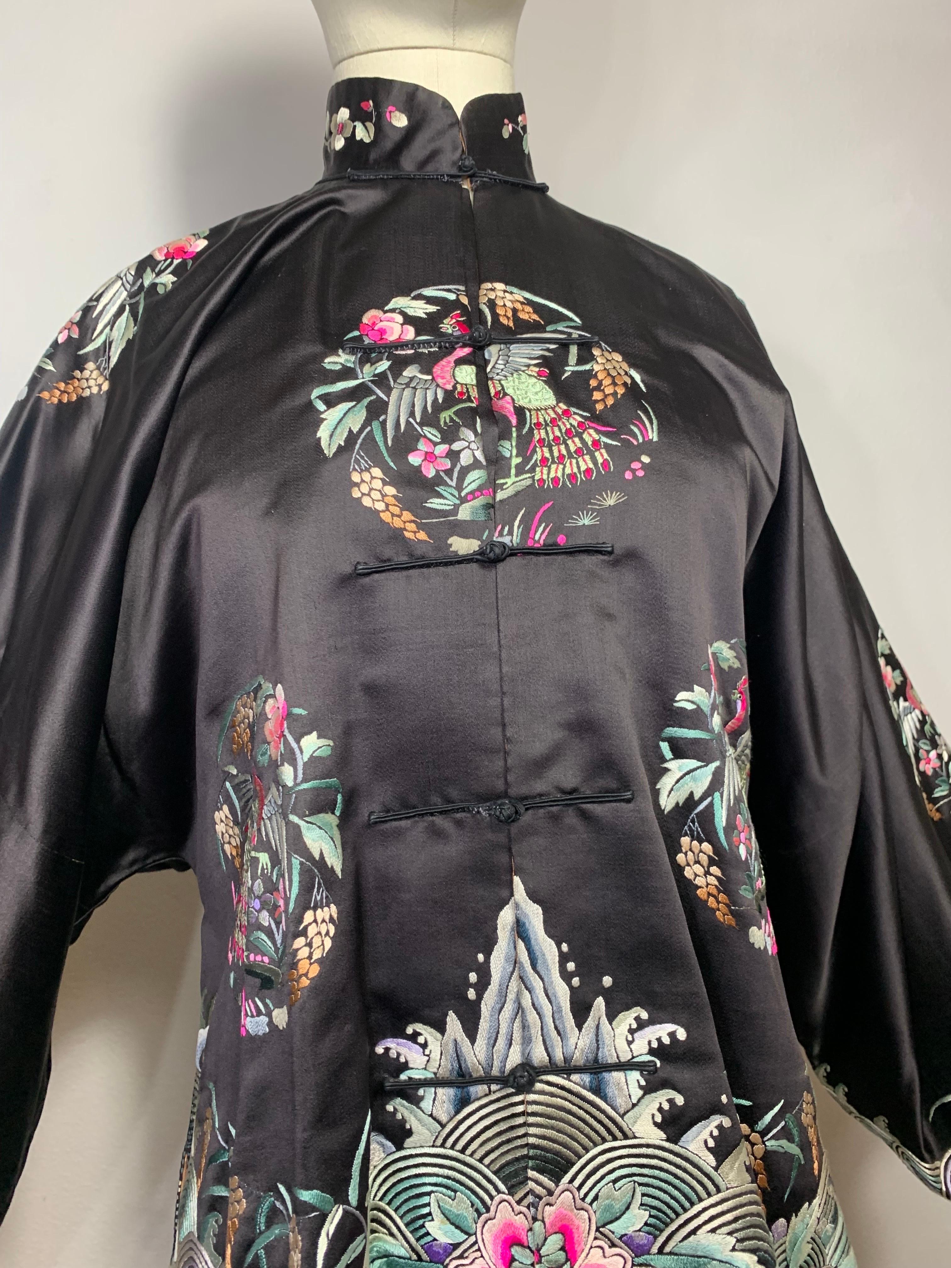 Women's 1920s Black Silk Satin Chinese Traditional Jacket w Colorful Hand Embroidery  For Sale