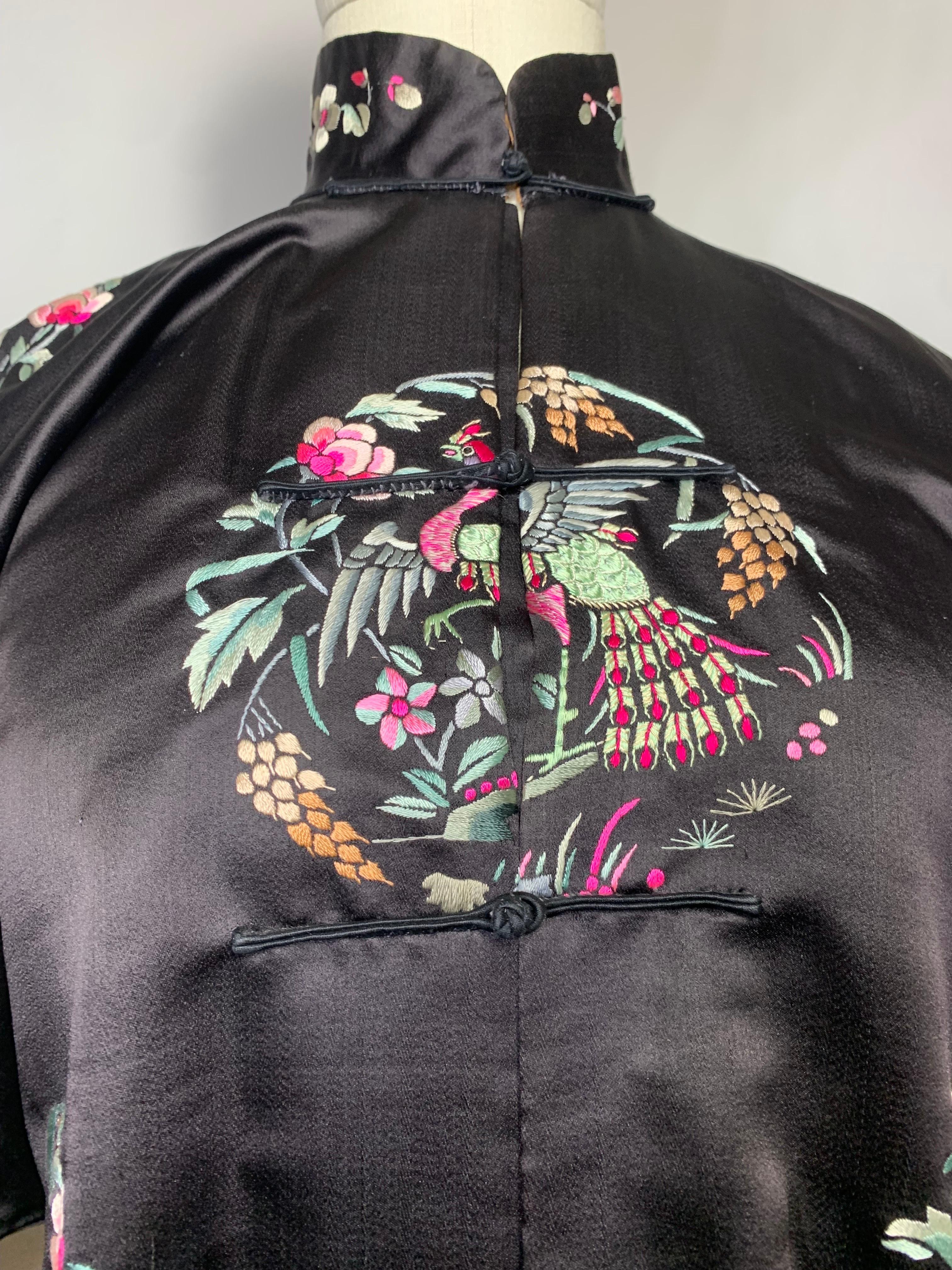 1920s Black Silk Satin Chinese Traditional Jacket w Colorful Hand Embroidery  For Sale 1