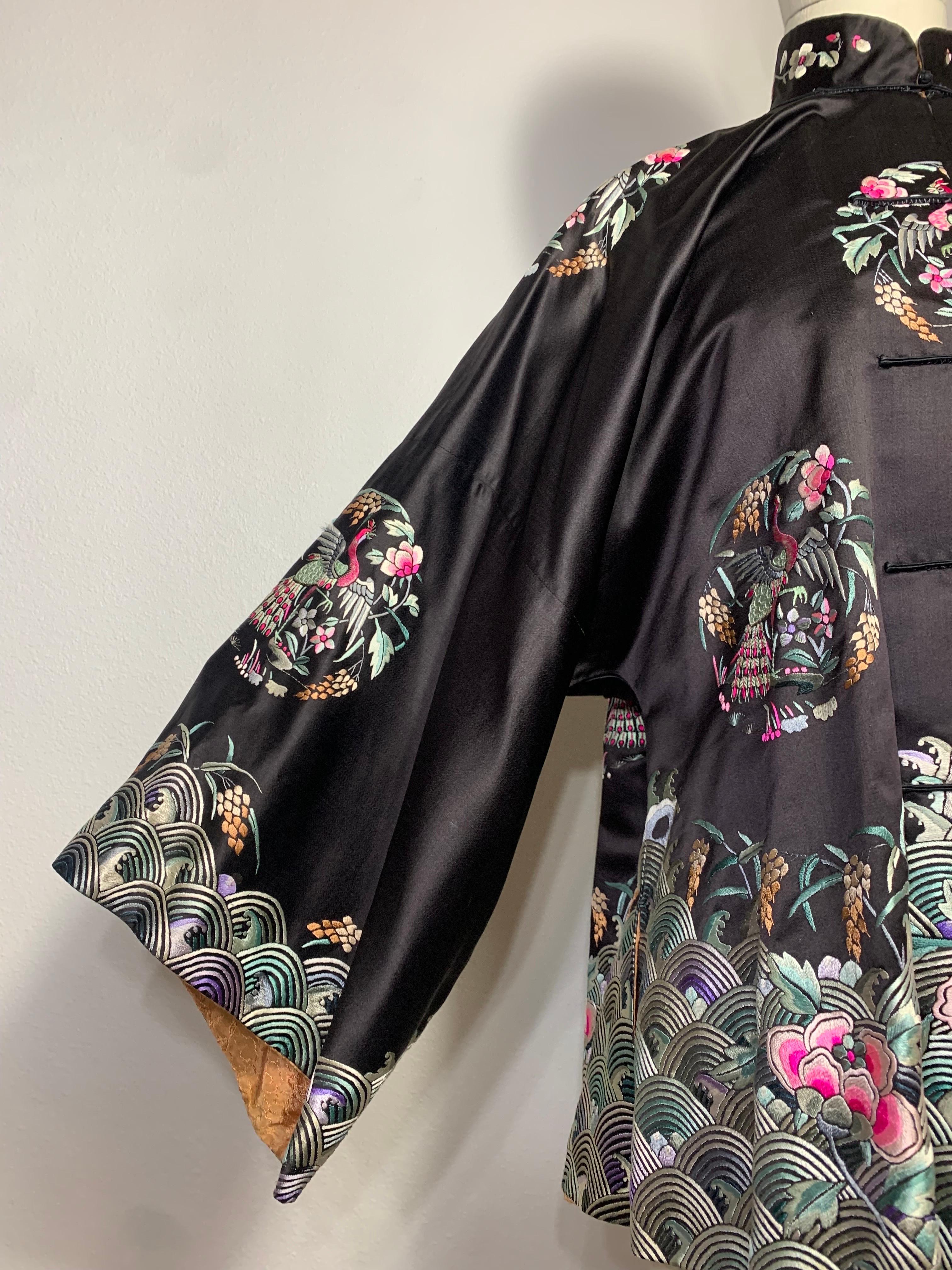 1920s Black Silk Satin Chinese Traditional Jacket w Colorful Hand Embroidery  For Sale 2