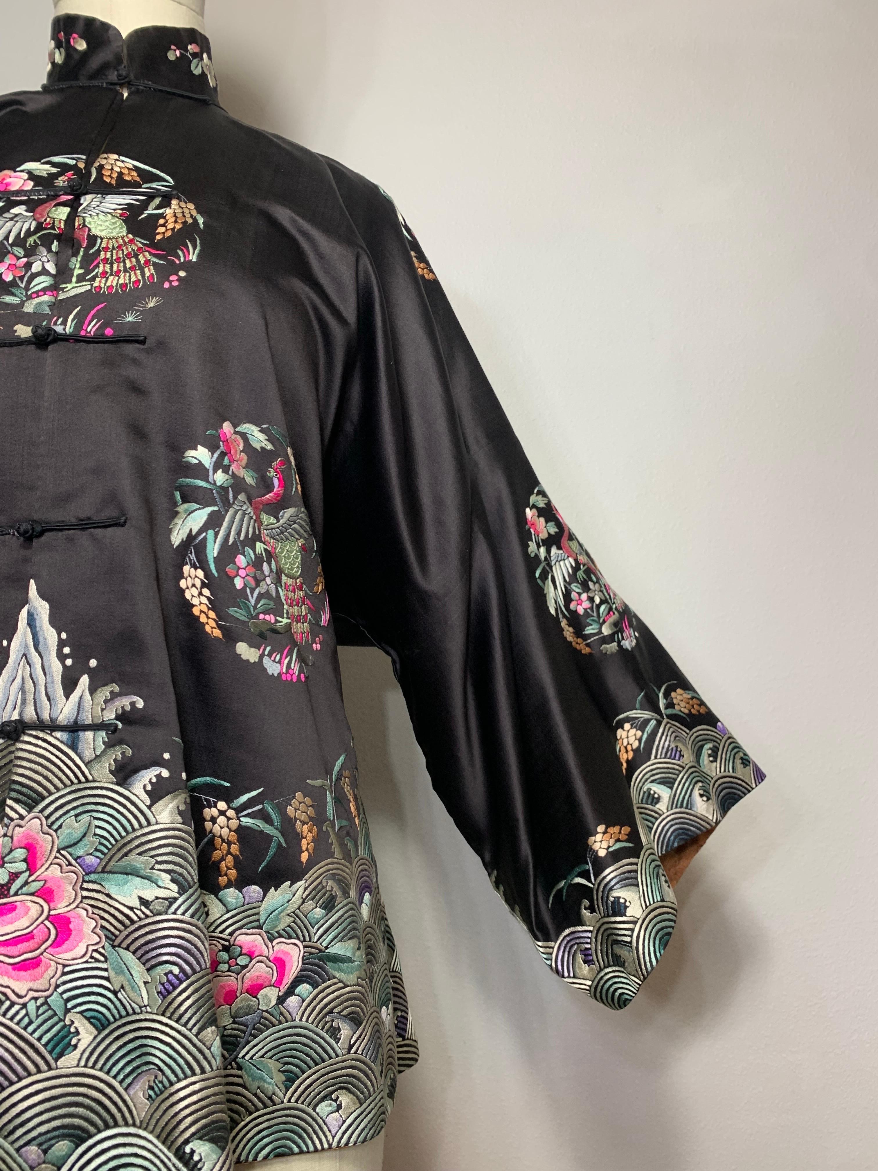 1920s Black Silk Satin Chinese Traditional Jacket w Colorful Hand Embroidery  For Sale 3
