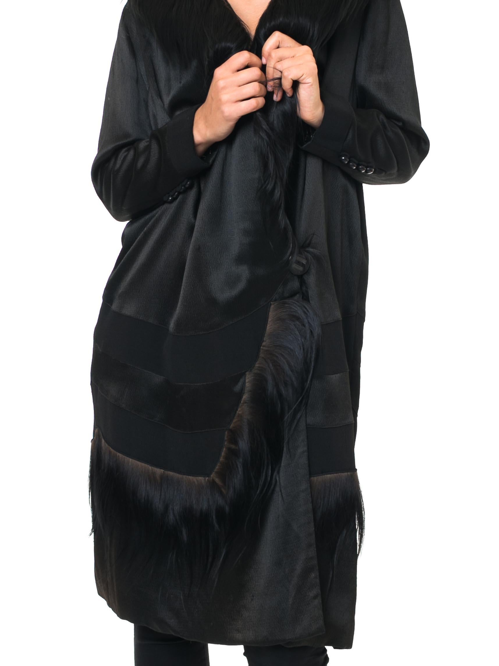 1920S Black Silk Satin  Coat Trimmed In Shaggy Fur For Sale 1