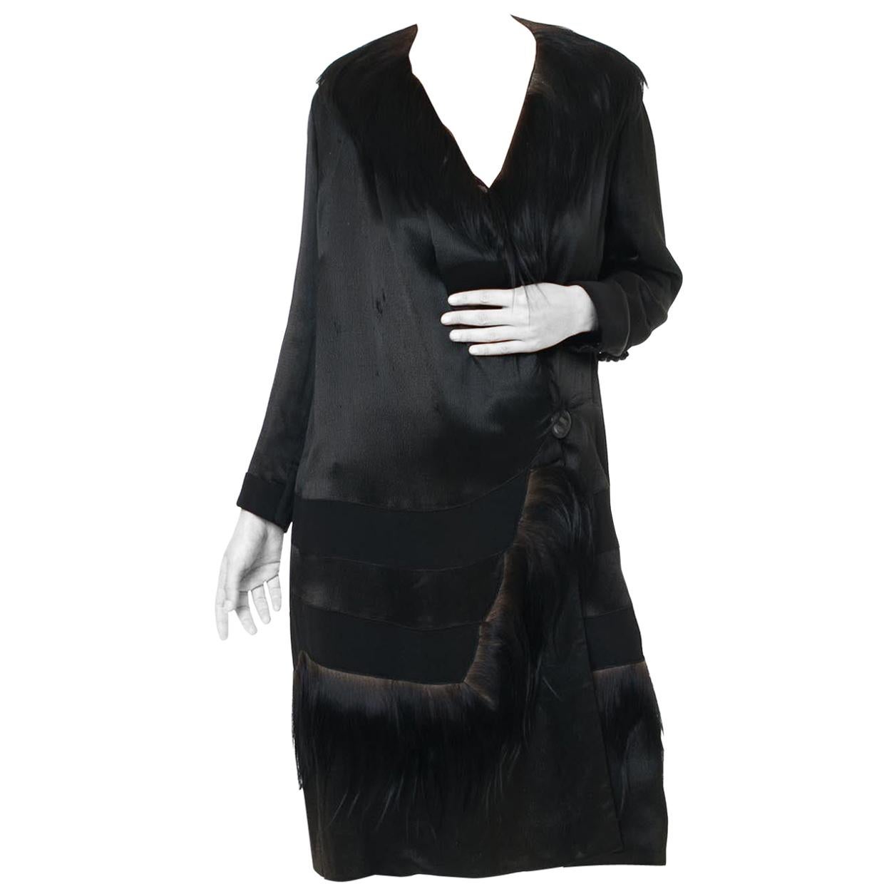 1920S Black Silk Satin  Coat Trimmed In Shaggy Fur For Sale