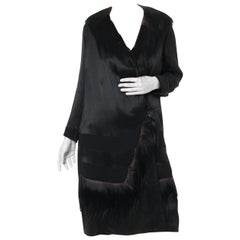 1920S Black Silk Satin  Coat Trimmed In Shaggy Fur
