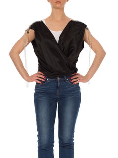 1920S Black Silk Satin Cowl Neck Blouse With Beaded Tassel Shoulders