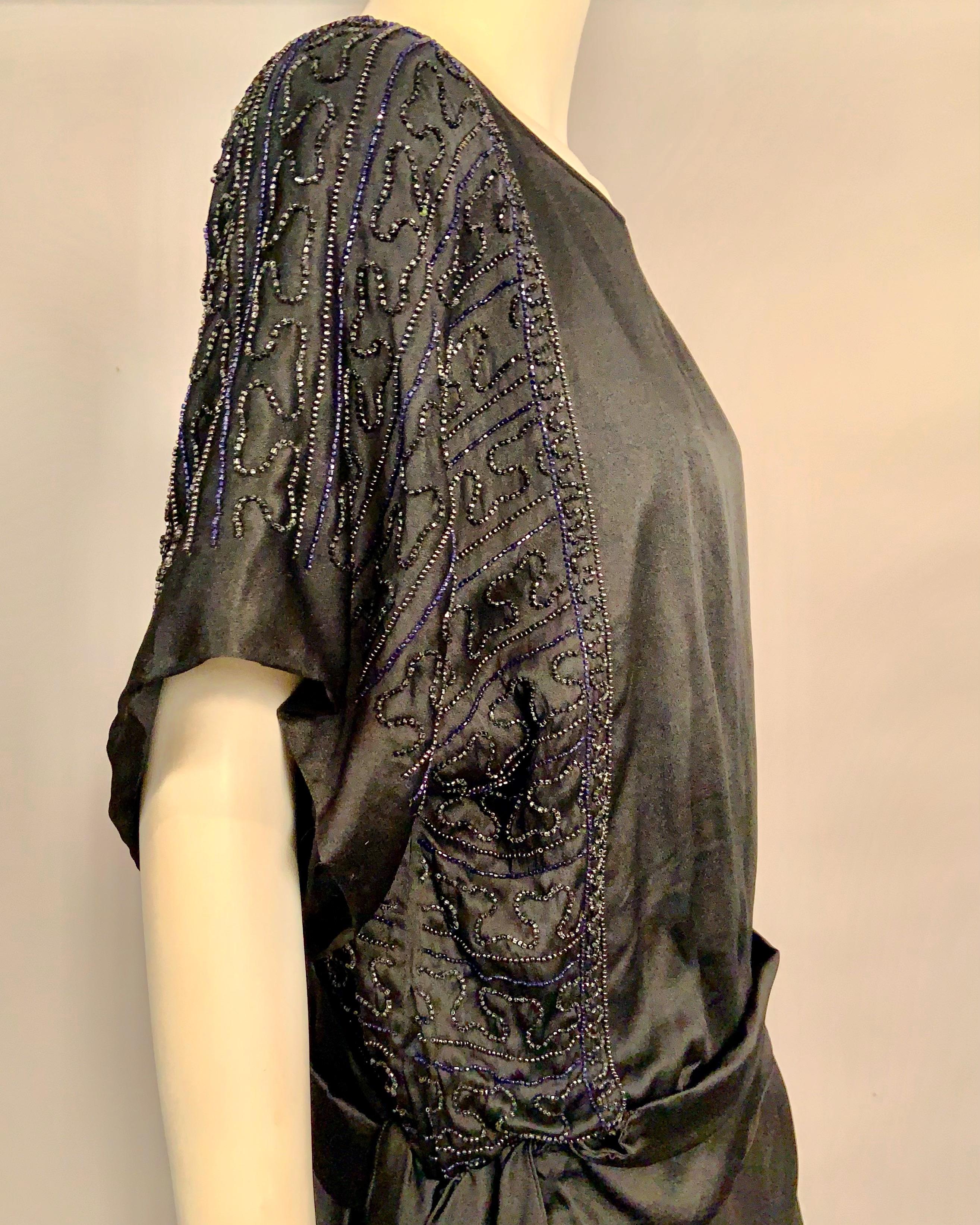1920’s Black Silk Satin Dress with Black, Blue and Charcoal Beadwork For Sale 3