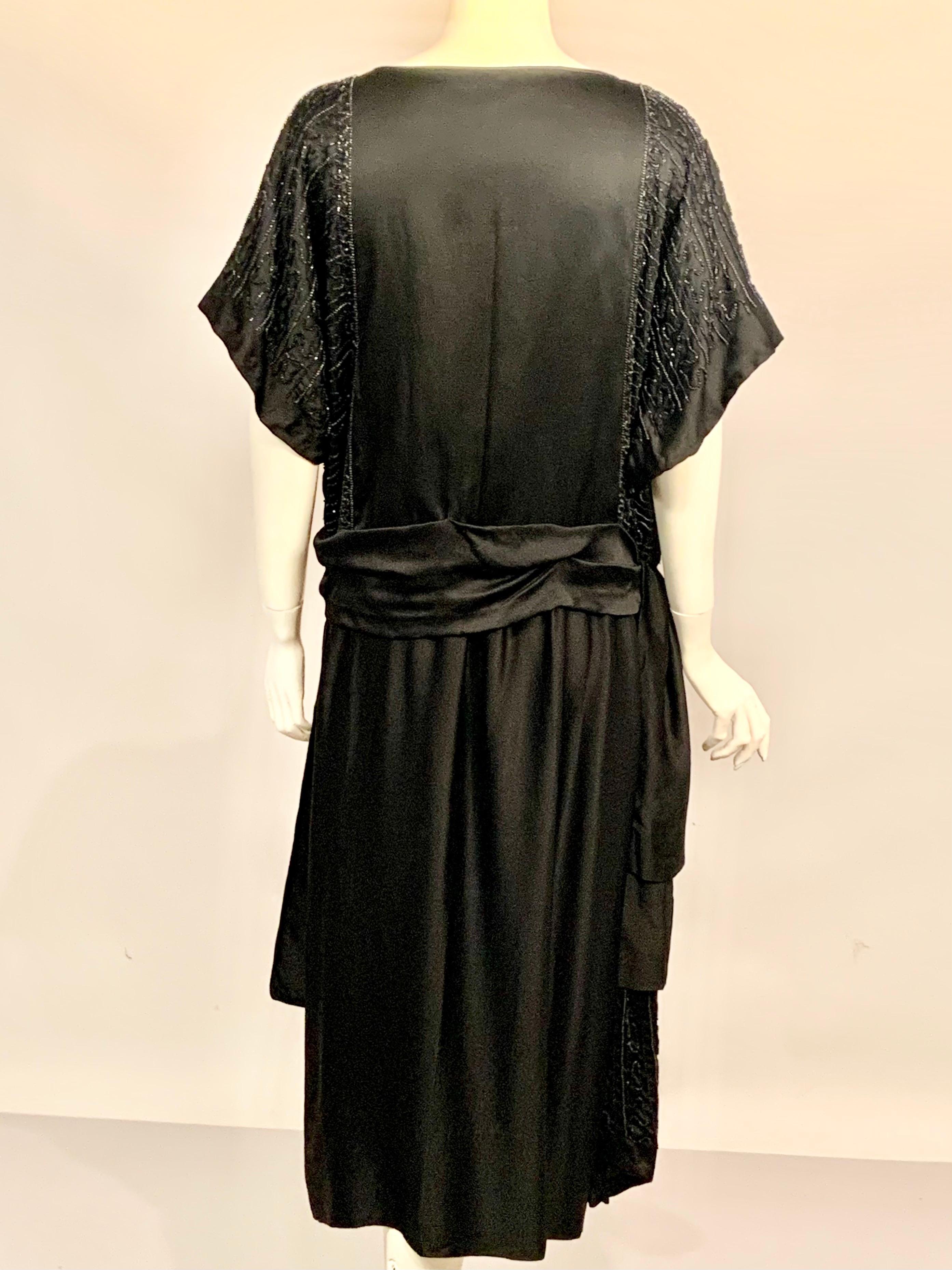 1920’s Black Silk Satin Dress with Black, Blue and Charcoal Beadwork For Sale 4