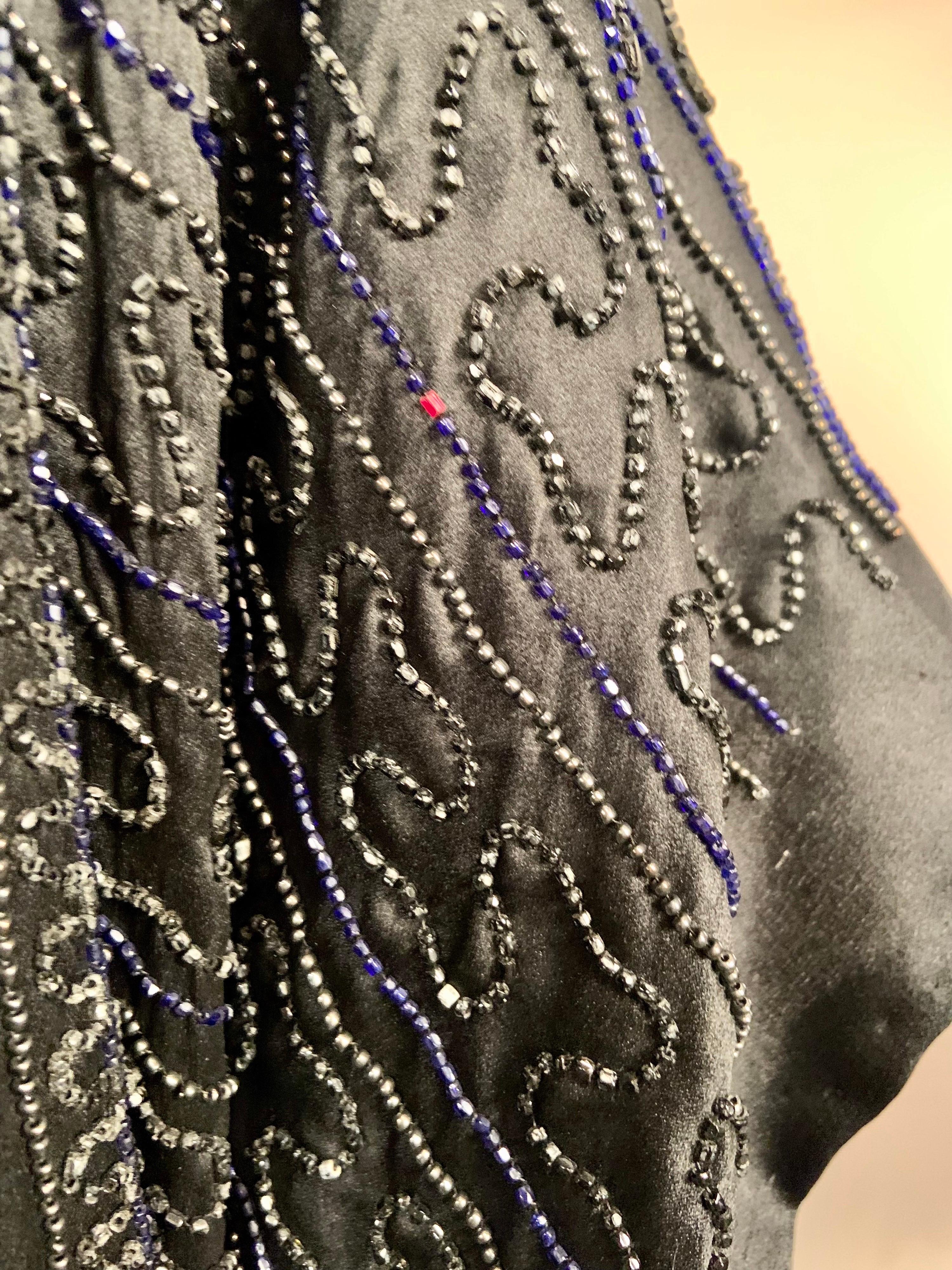 1920’s Black Silk Satin Dress with Black, Blue and Charcoal Beadwork For Sale 6