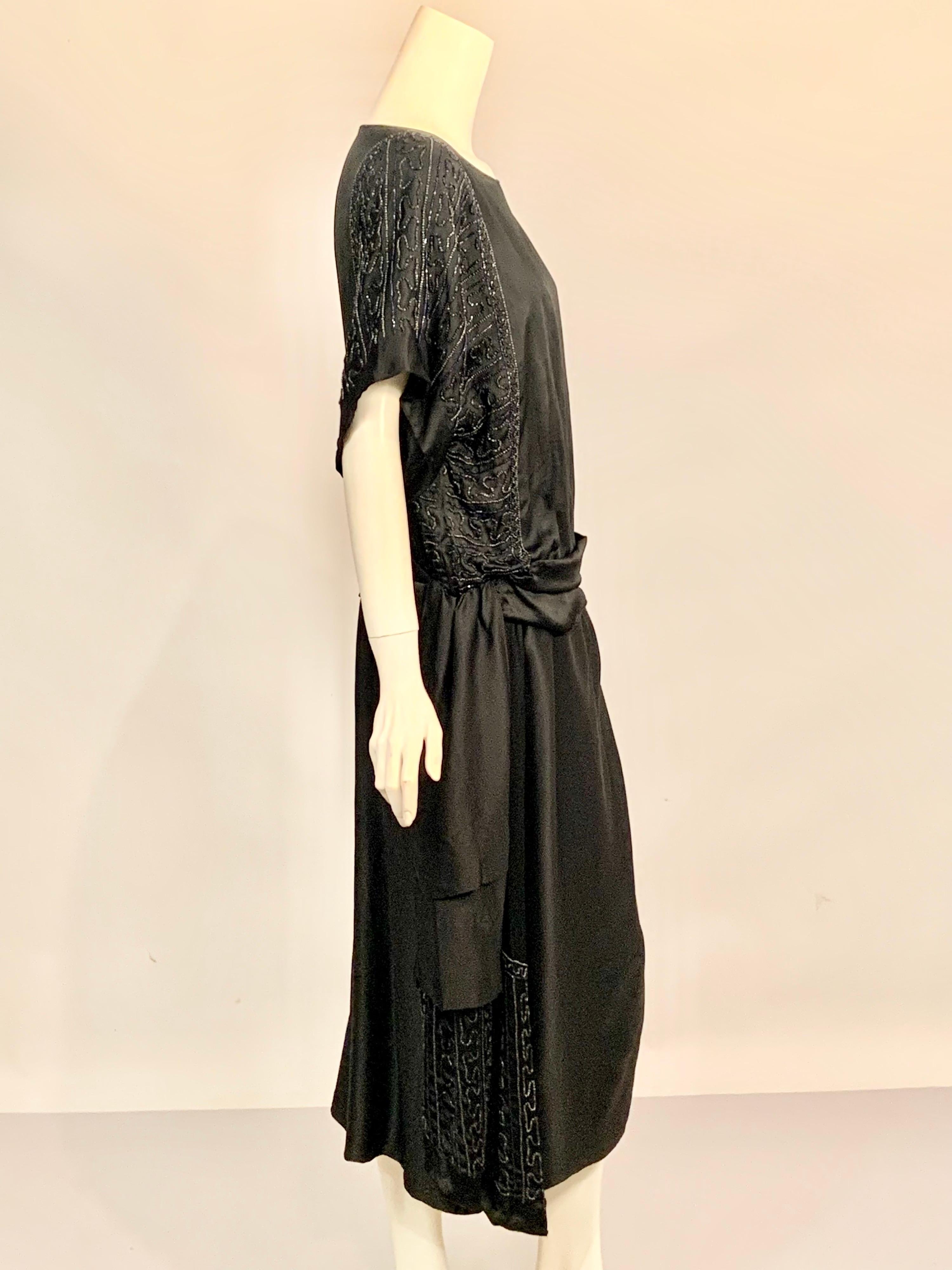 1920’s Black Silk Satin Dress with Black, Blue and Charcoal Beadwork In Excellent Condition For Sale In New Hope, PA