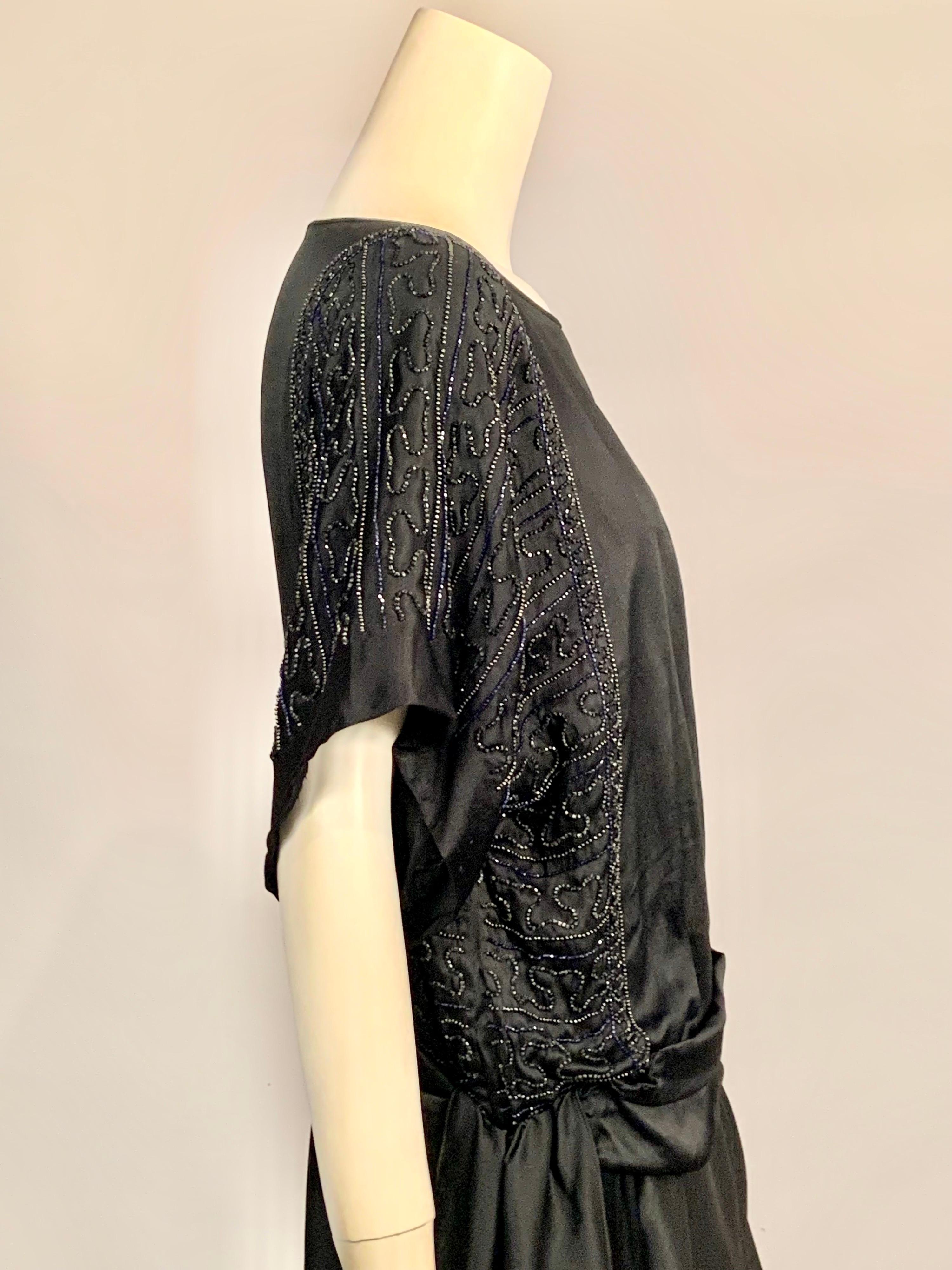 Women's 1920’s Black Silk Satin Dress with Black, Blue and Charcoal Beadwork For Sale