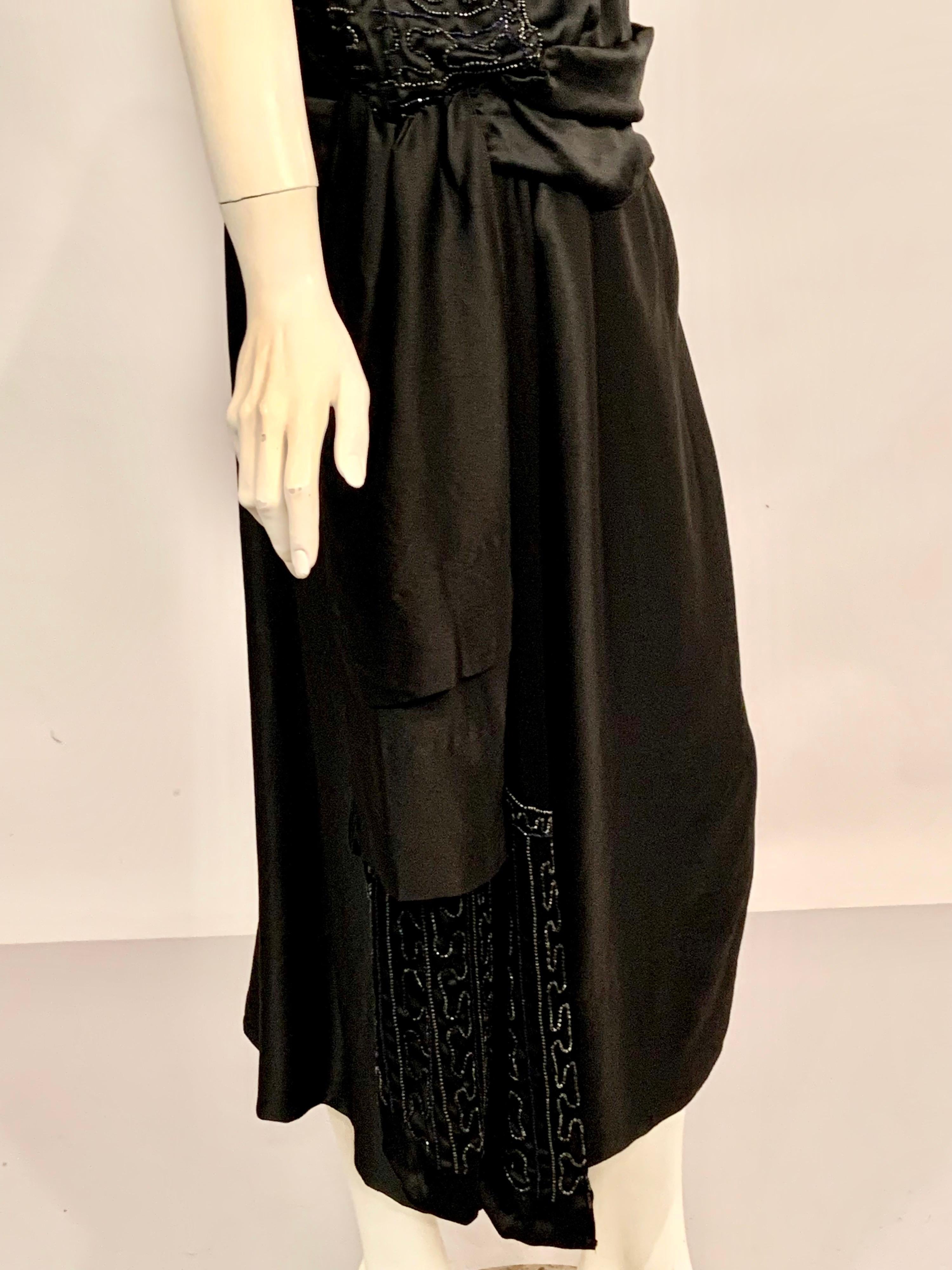 1920’s Black Silk Satin Dress with Black, Blue and Charcoal Beadwork For Sale 1