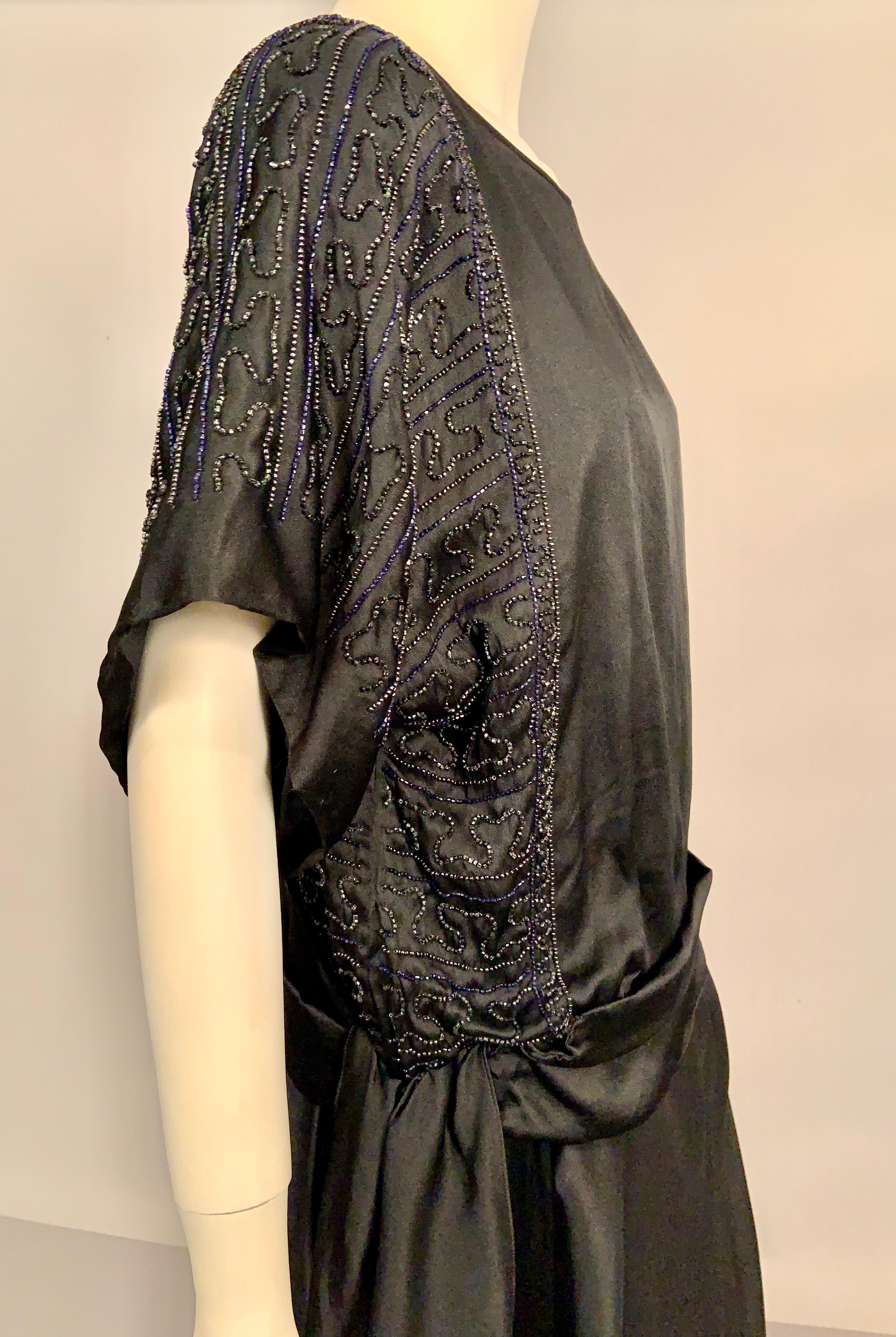 1920’s Black Silk Satin Dress with Black, Blue and Charcoal Beadwork For Sale 2