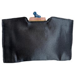 1920s Black Silk Satin Evening Envelope Clutch Handbag w Large Pink Quartz & Dog
