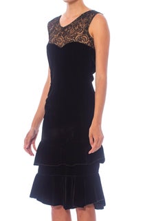 1920S Black Silk Velvet  & Lace Ruffled Hem Dress
