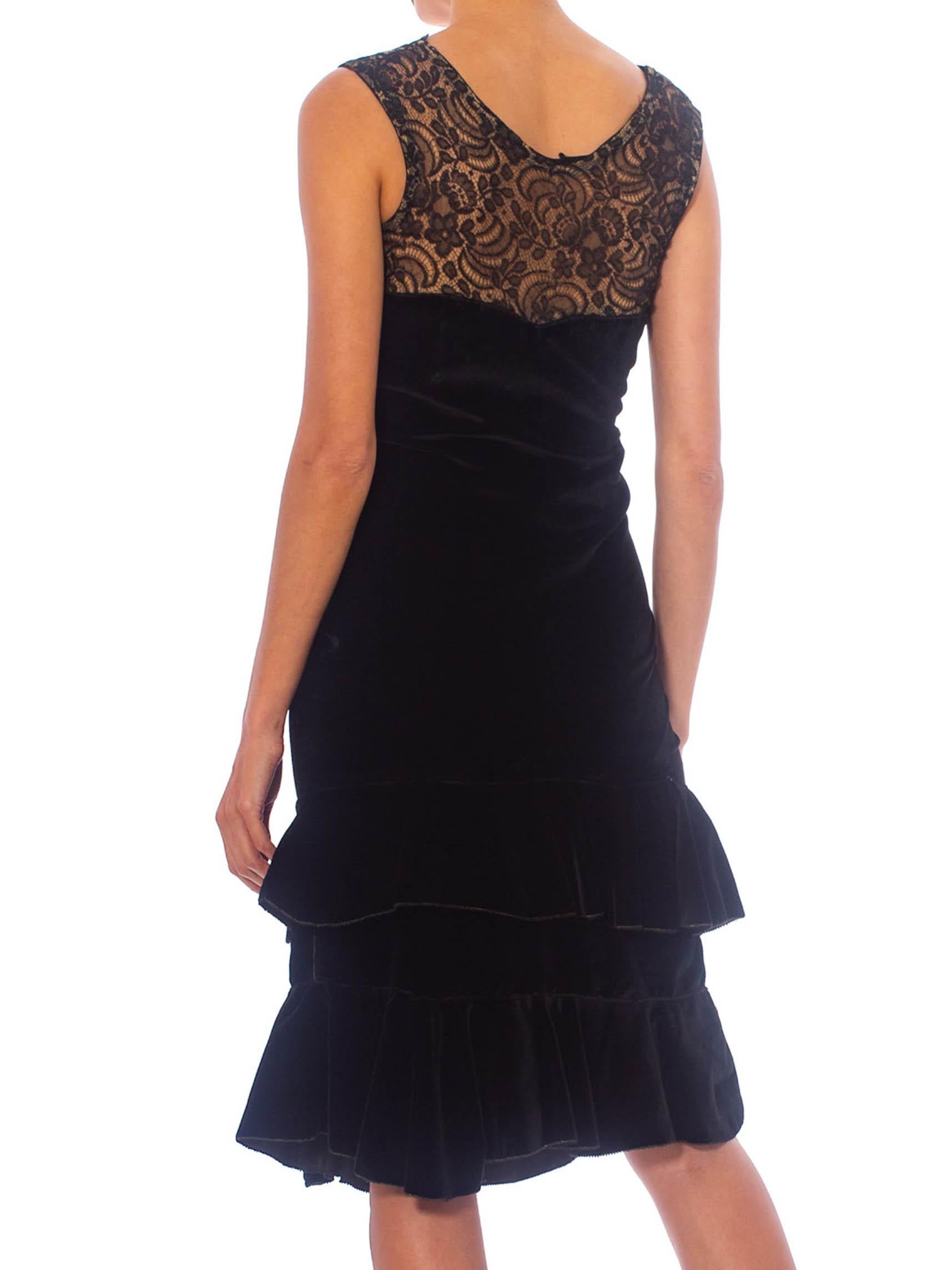 Women's 1920S Black Silk Velvet  & Lace Ruffled Hem Dress For Sale