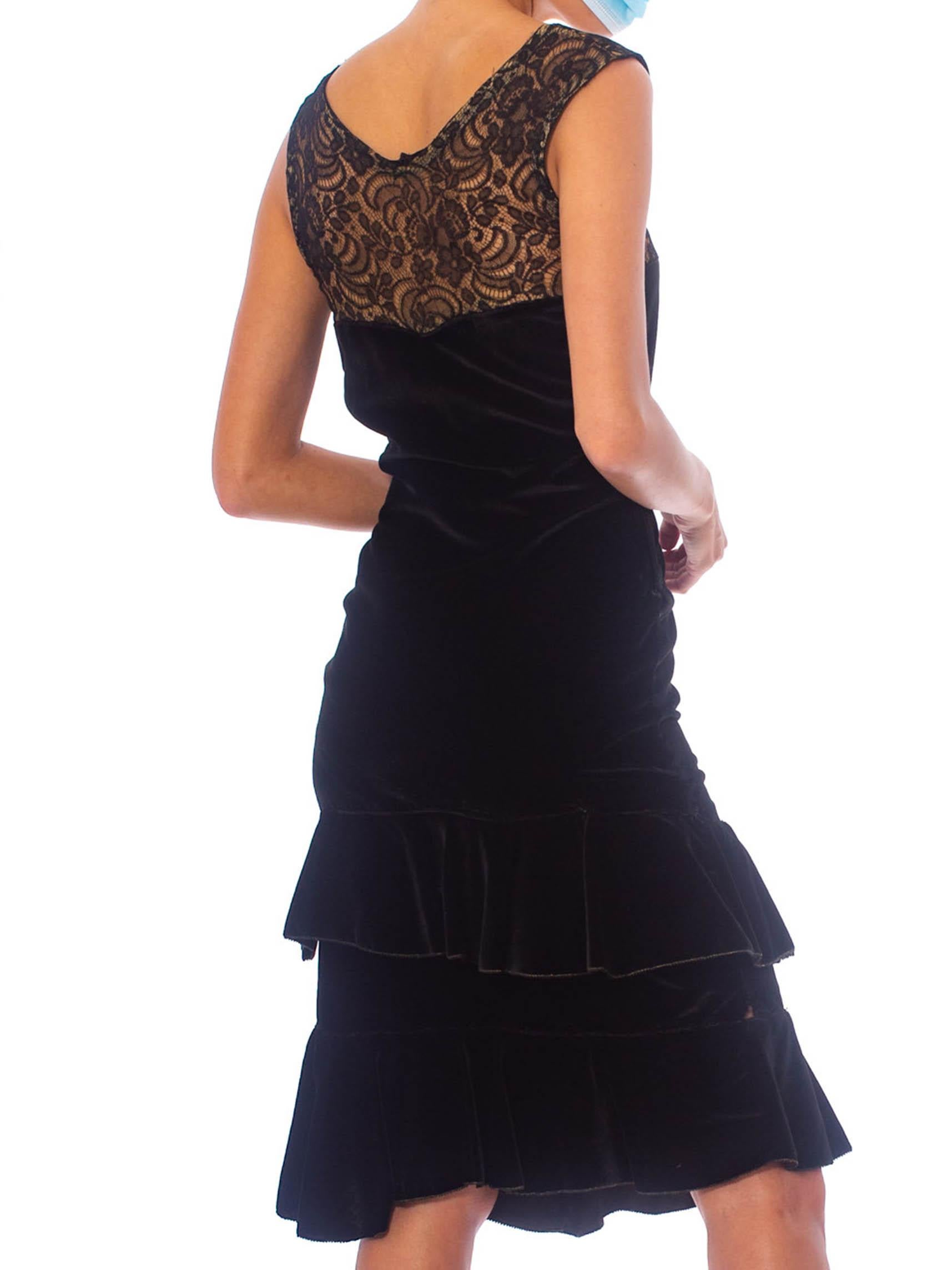 1920S Black Silk Velvet  & Lace Ruffled Hem Dress For Sale 1