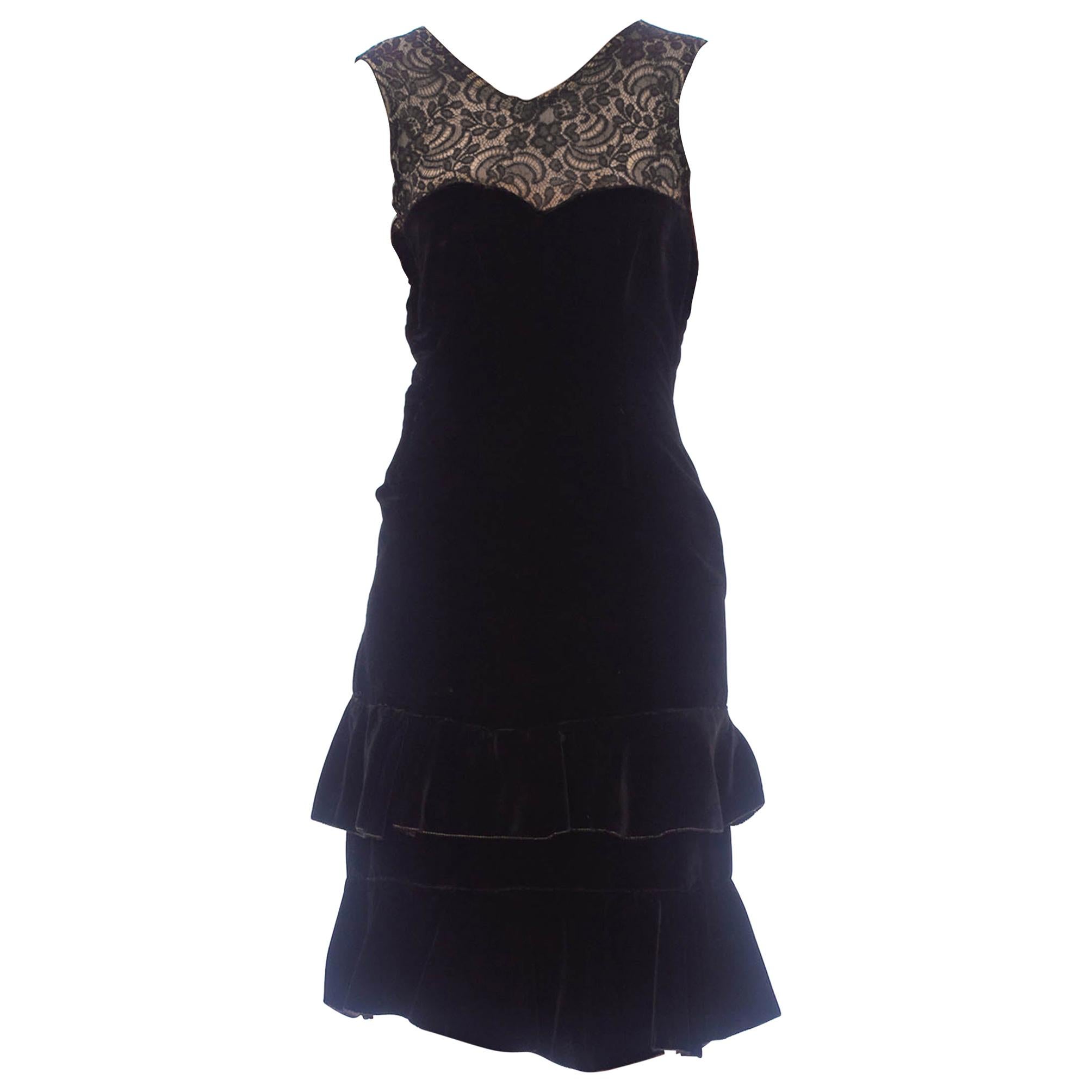 1920S Black Silk Velvet  & Lace Ruffled Hem Dress For Sale