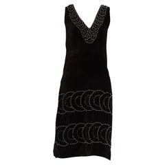 1920S Black Silk Velvet  Low Back Cocktail Dress With Deco Pearl & Rhinestone B