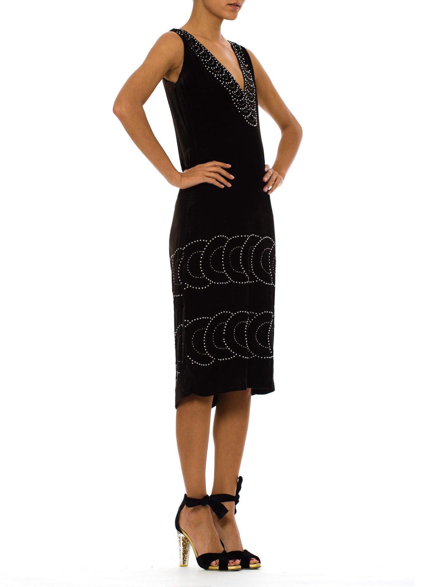 1920S Black Silk Velvet  Low Back Cocktail Dress With Deco Pearl & Rhinestone B In Good Condition For Sale In New York, NY