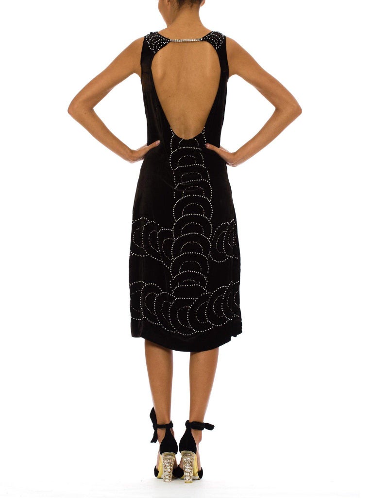 Historical 1920s Evening Gown 1920s Black Silk Velvet Low Back Cocktail  Dress With Deco Pearl Rhinestone