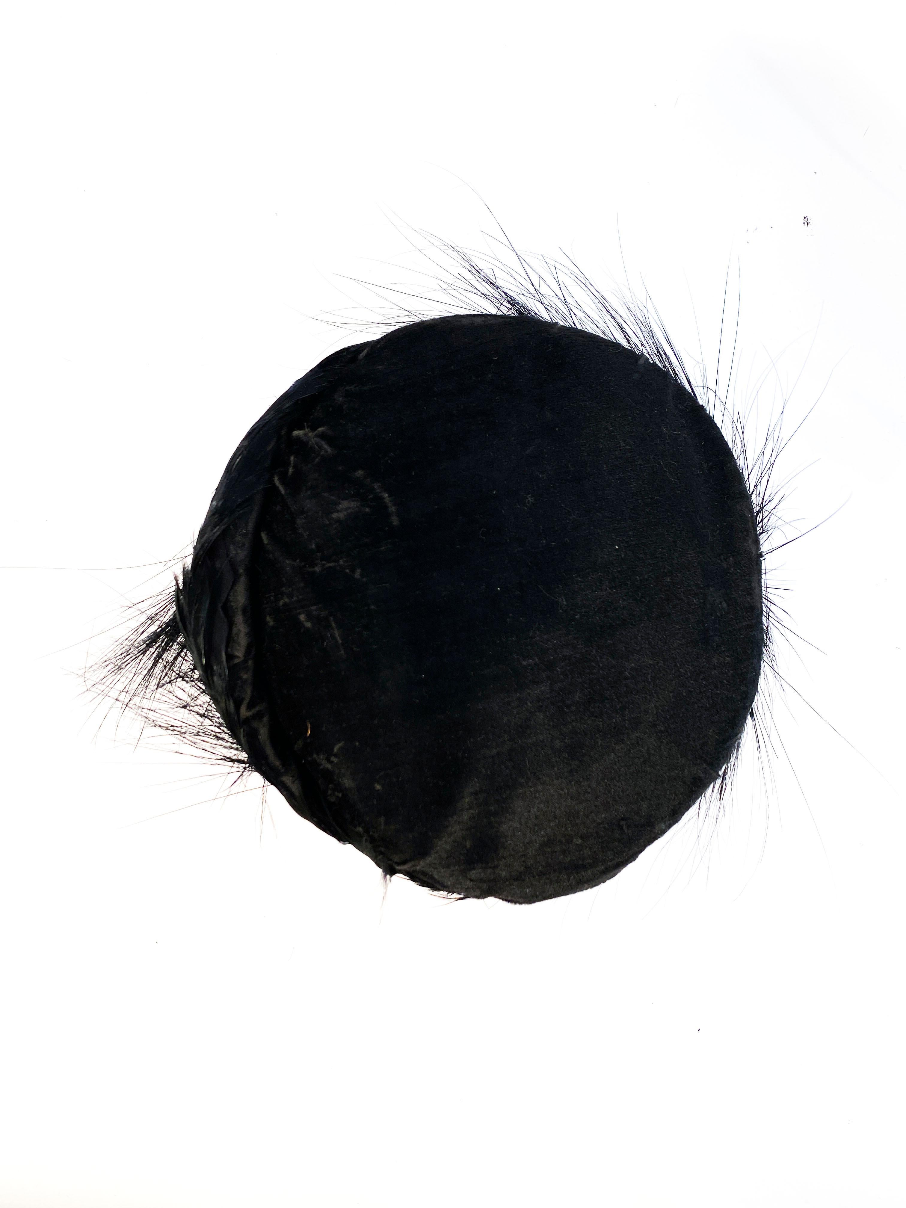 1920s Black Velvet Cloche with Black Feather, Horsehair, and Cameo Accents In Good Condition In San Francisco, CA