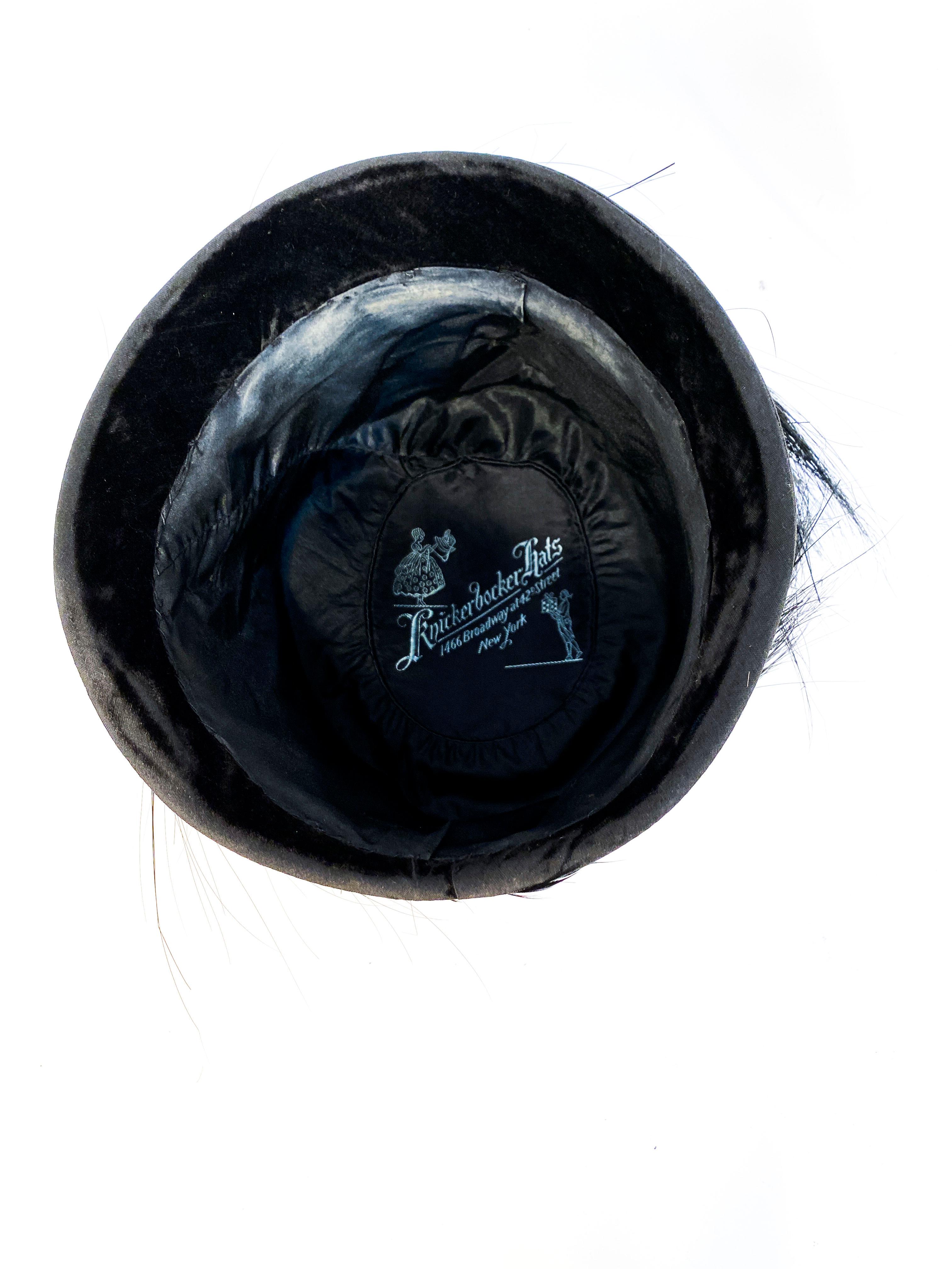Women's or Men's 1920s Black Velvet Cloche with Black Feather, Horsehair, and Cameo Accents