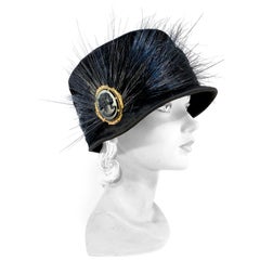 Antique 1920s Black Velvet Cloche with Black Feather, Horsehair, and Cameo Accents