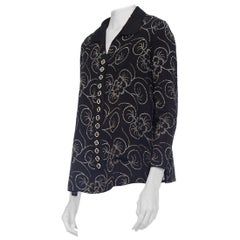 1920S Black & White Silk Blend Art Deco Floral Printed Bouclé Crepe Pullover Bl