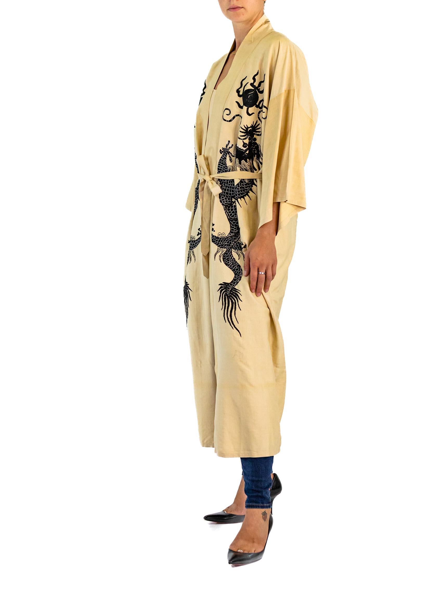 Women's or Men's 1920S Black & White Silk Long Embroidered Dragon Kimono