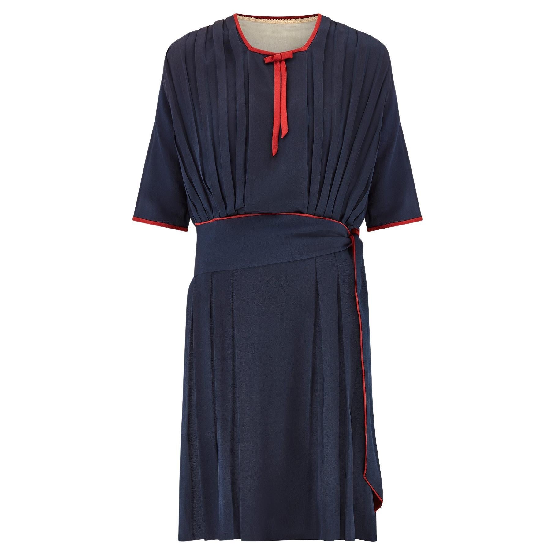 1920s Blue and Russet Silk Crepe Day Dress For Sale