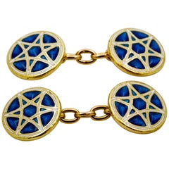 1920s Blue Enamel Star of David 18 Karat Yellow Gold Cufflinks