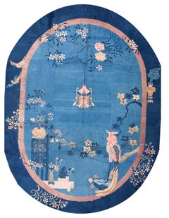 1920s Blue Floral Antique Oval Chinese Peking Carpet 7'3" x 9'8" Woven Wool Rug