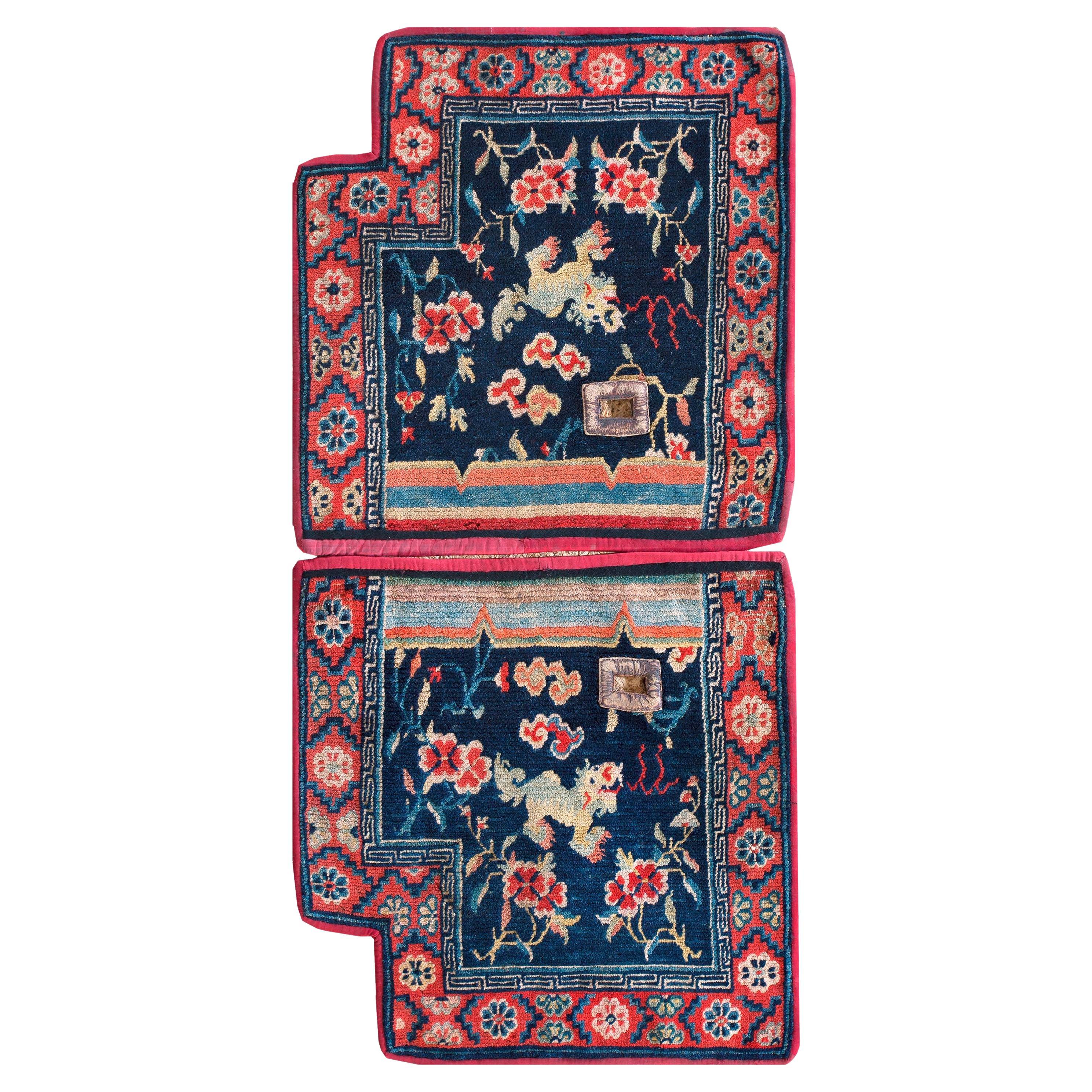 1920s Blue Foo Dog Chinese Tibetan Saddle/Horse Cover 2
 x 4
 Rug Antique Carpet For Sale