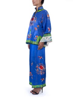 1920S Blue & Green Silk Hand Embroidered Chinese Lounge Pajamas