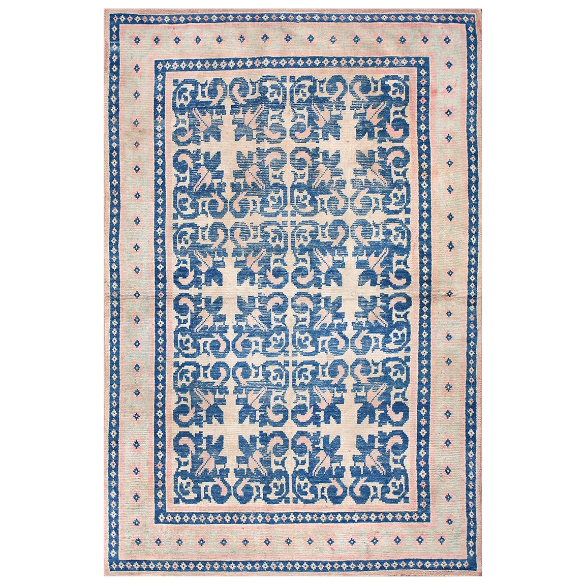 1920s Blue-Pink-Ivory Geometric Antique Indian Agra Cotton Rug 5
4"x8
2" Carpet For Sale