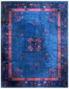 1920s Blue Pink Traditional Floral Antique Chinese Rug 9'0" x 11'8" Wool Carpet