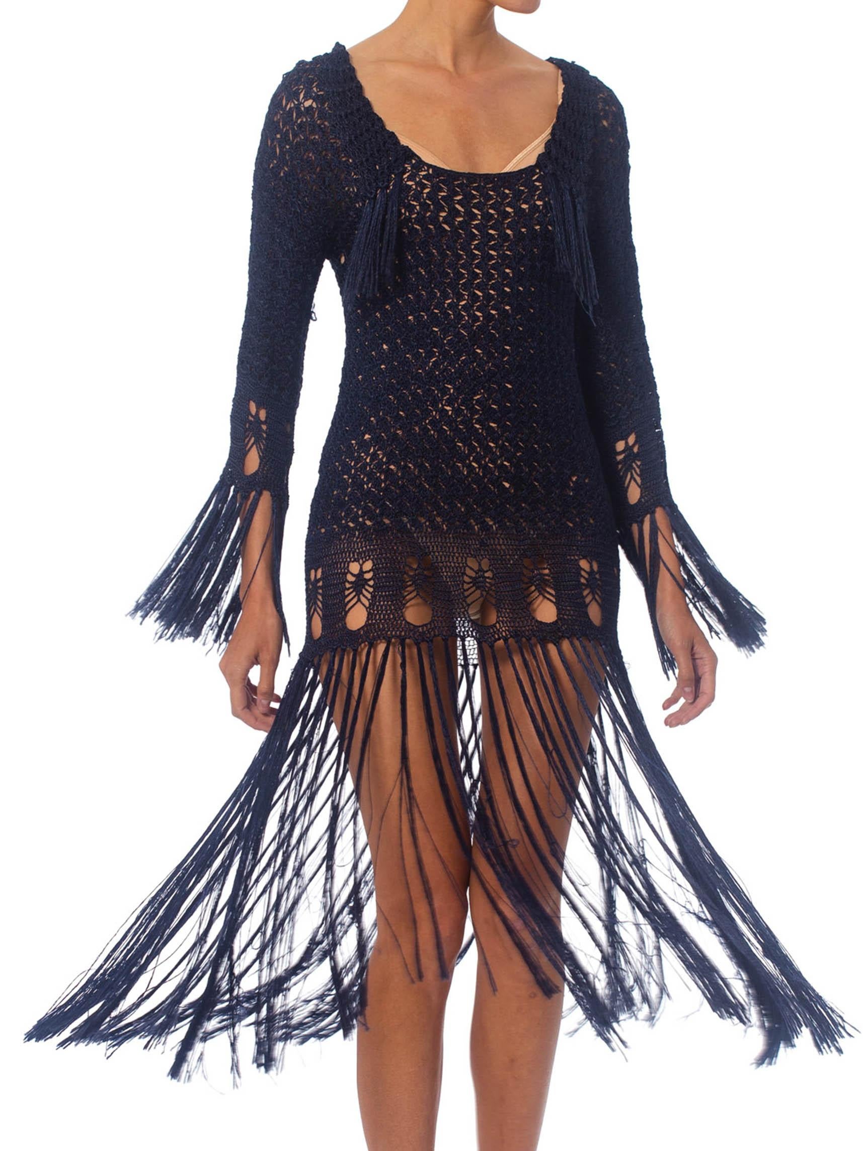 Black 1920S Blue Rayon Hand Crochet Dress With Fringe