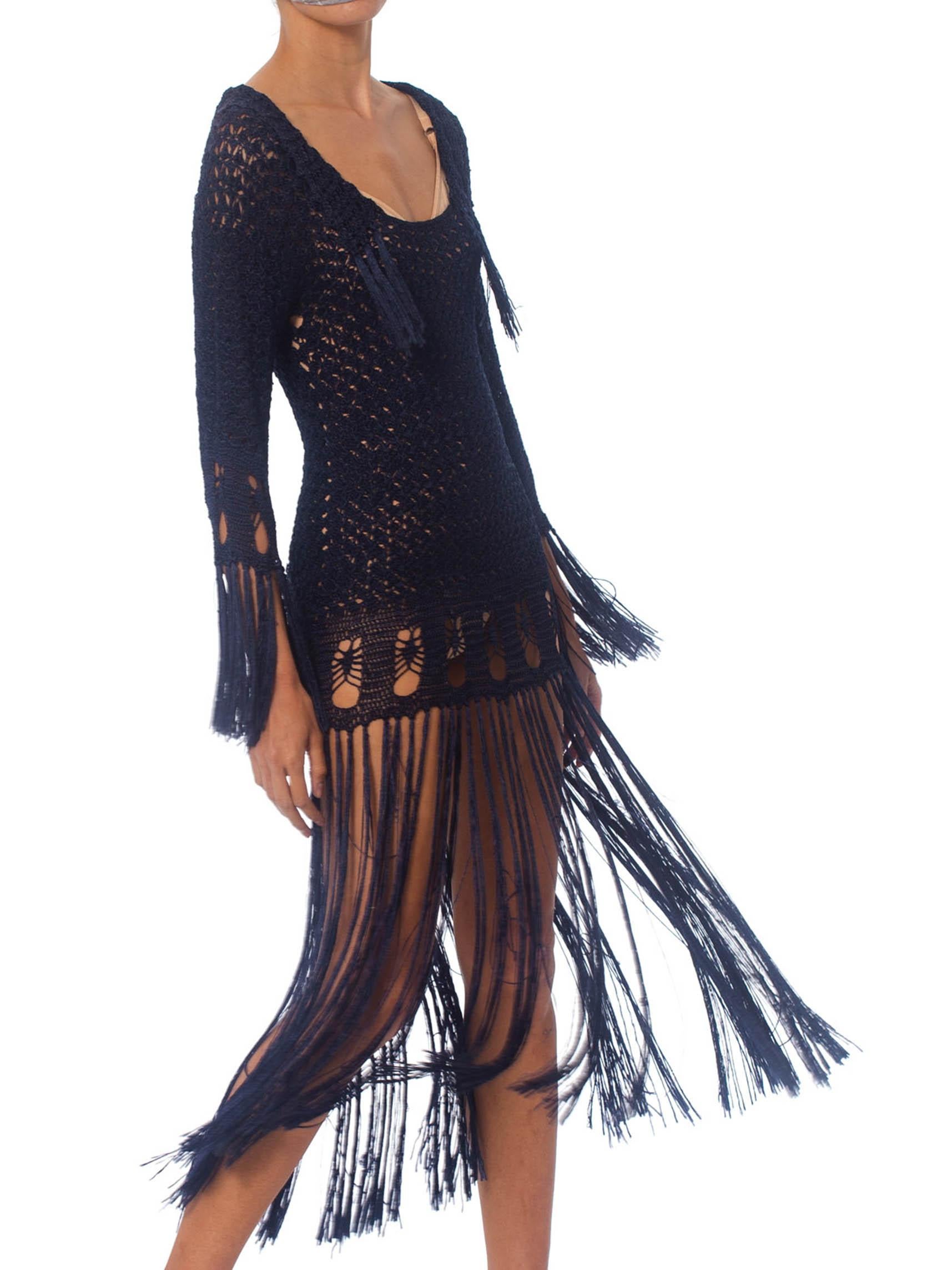 1920S Blue Rayon Hand Crochet Dress With Fringe In Excellent Condition In New York, NY