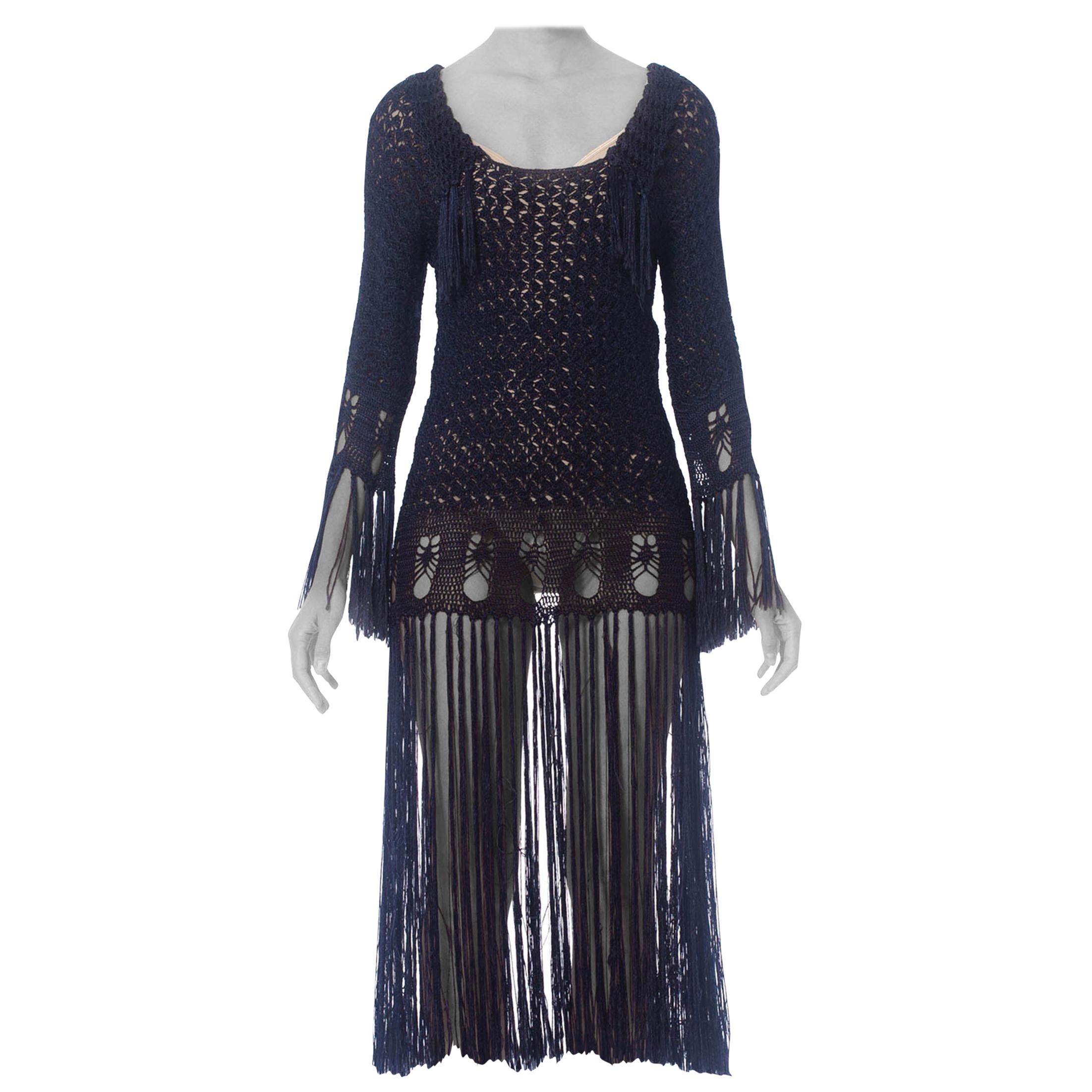 1920S Blue Rayon Hand Crochet Dress With Fringe