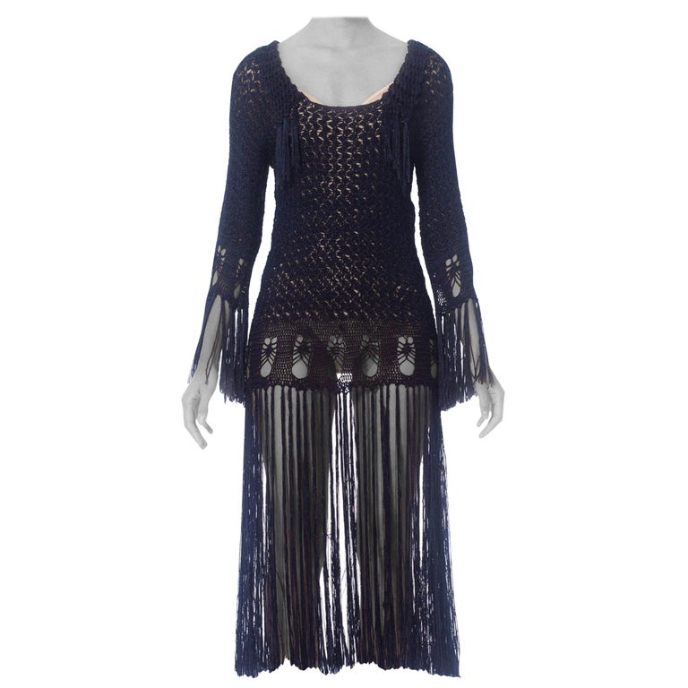 1920S Blue Rayon Hand Crochet Dress With Fringe For Sale at 1stDibs
